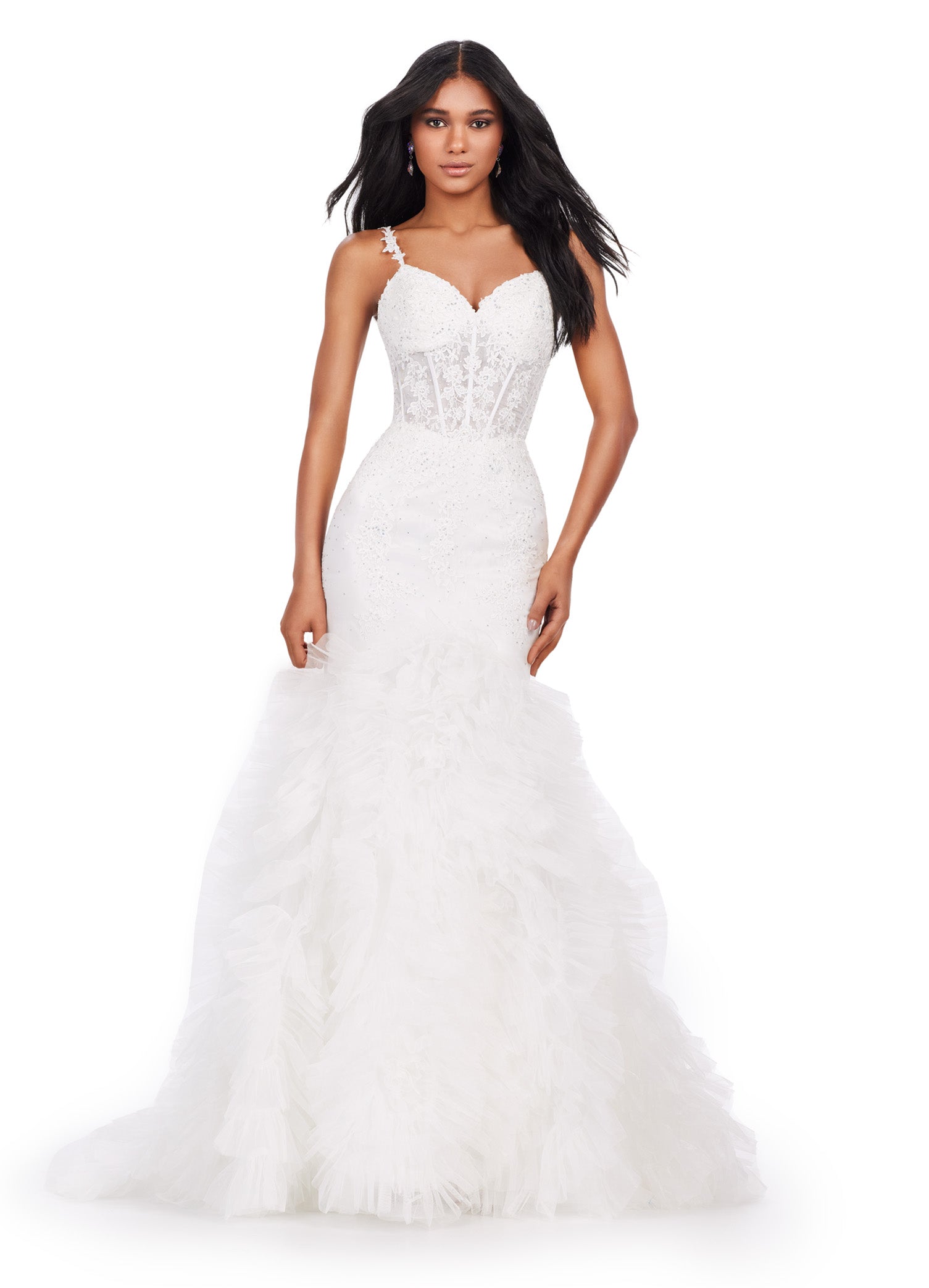 Strapless white mermaid gown with a fitted bodice and voluminous tulle skirt, perfect for luxury evening wear and formal events