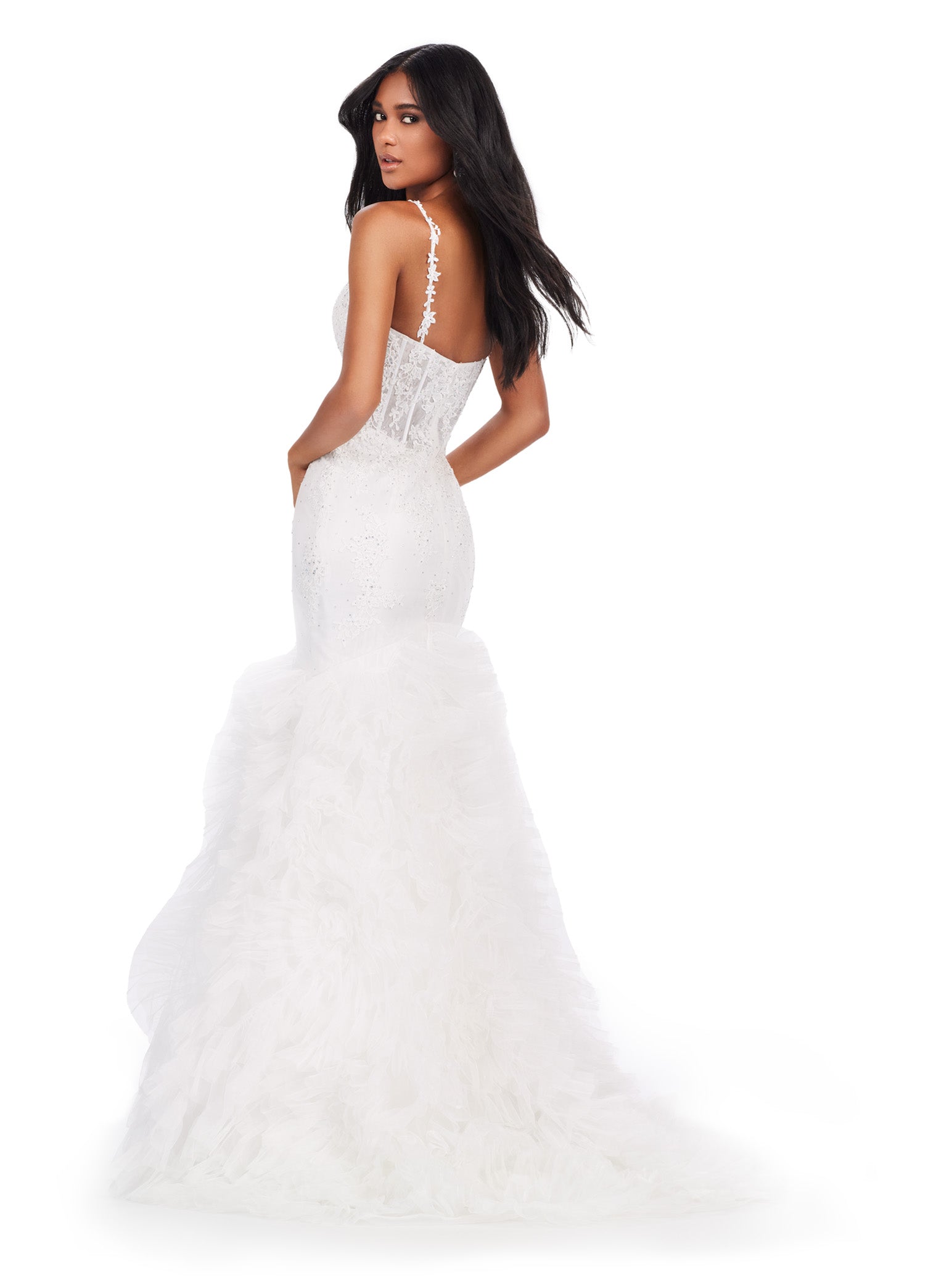 Strapless white mermaid gown with a fitted bodice and voluminous tulle skirt, perfect for luxury evening wear and formal events