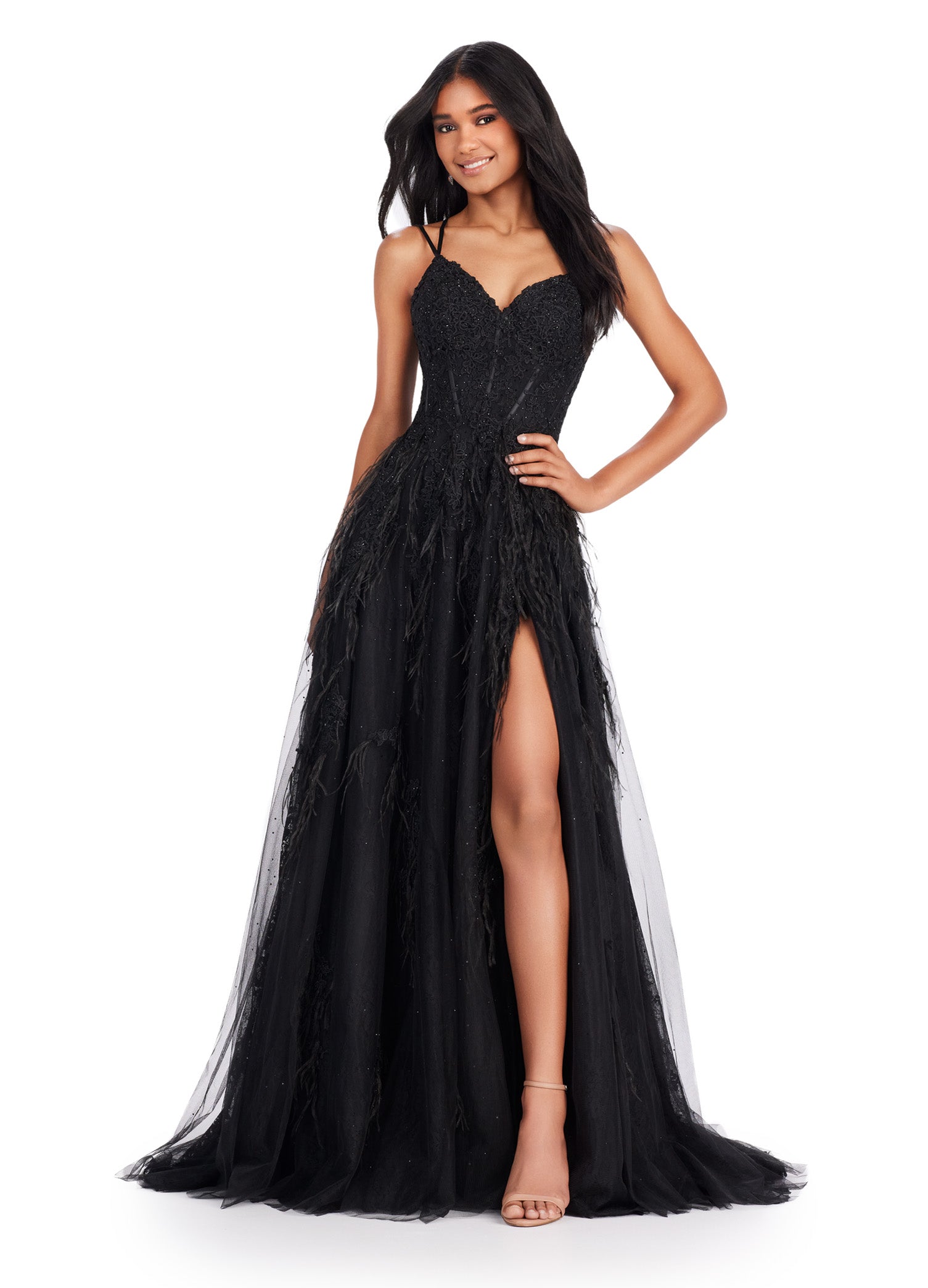 Dramatic Black Lace Gown with Thigh-High Slit | Luxury Evening Dress