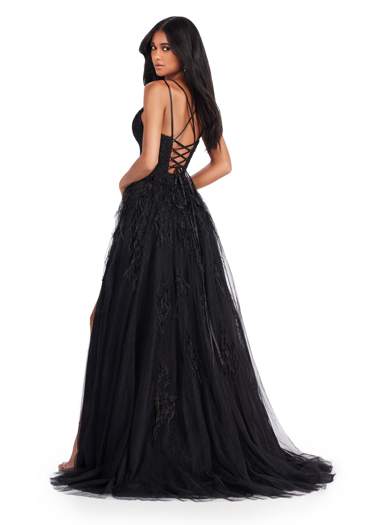 Dramatic Black Lace Gown with Thigh-High Slit | Luxury Evening Dress