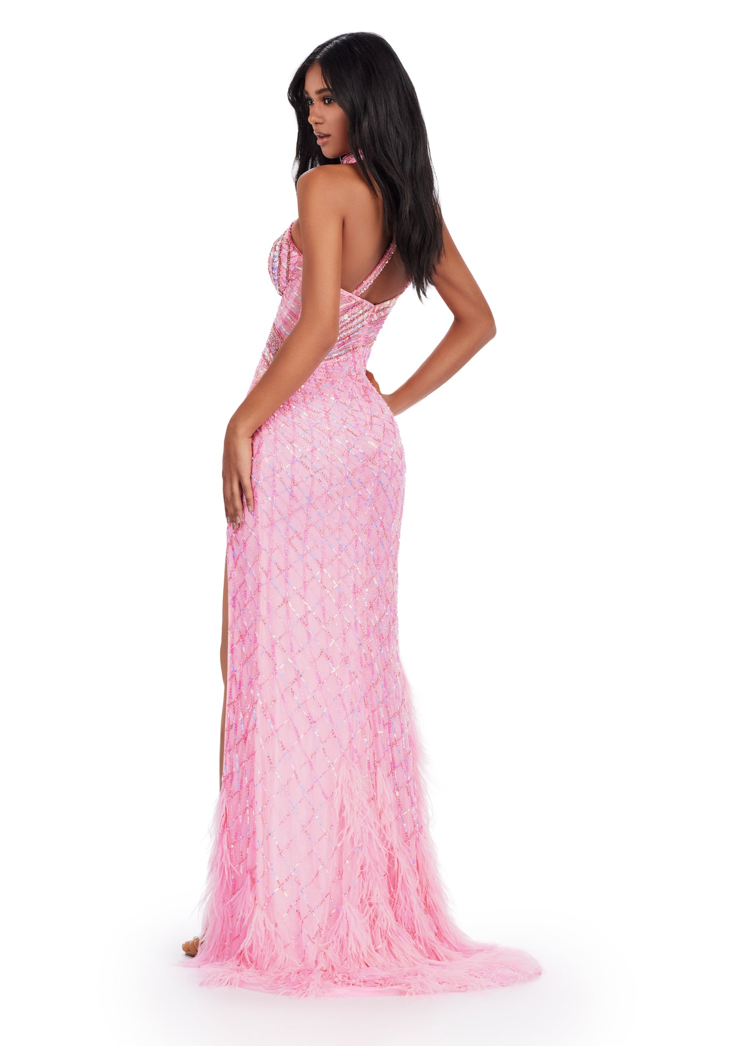 Pink Feathered Luxury Evening Gown with Criss-Cross Neckline and Thigh-High Slit – Glamorous Statement Dress