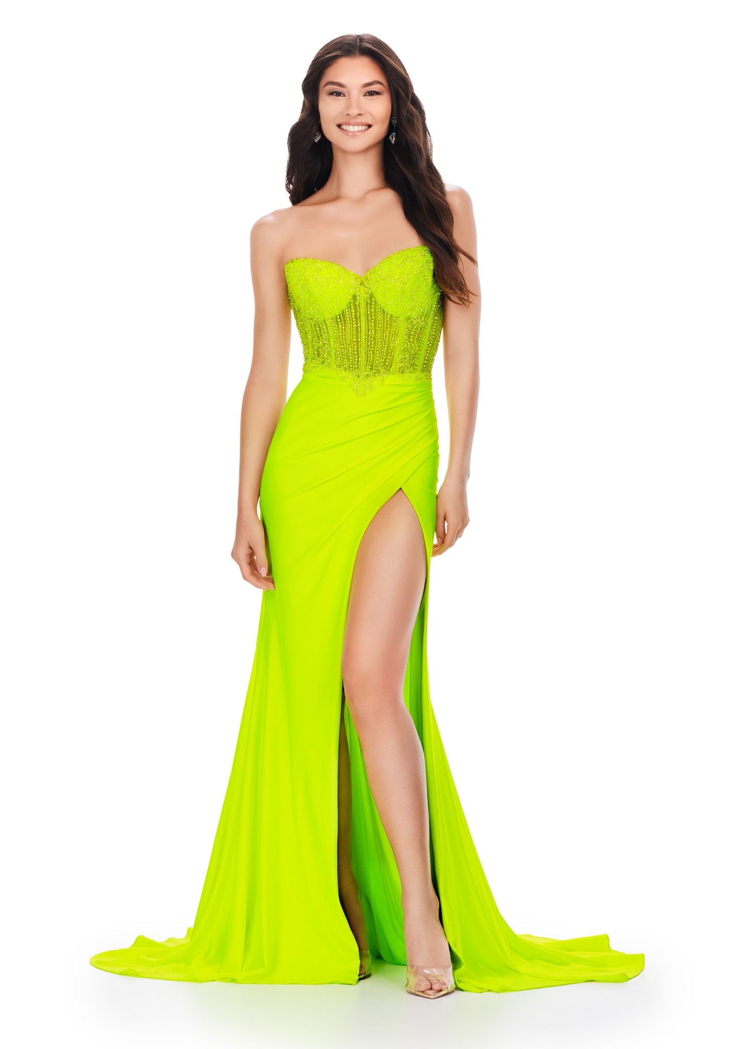 Lime Green Strapless Gown With Beaded Bodice And Draped Skirt With Thigh Slit