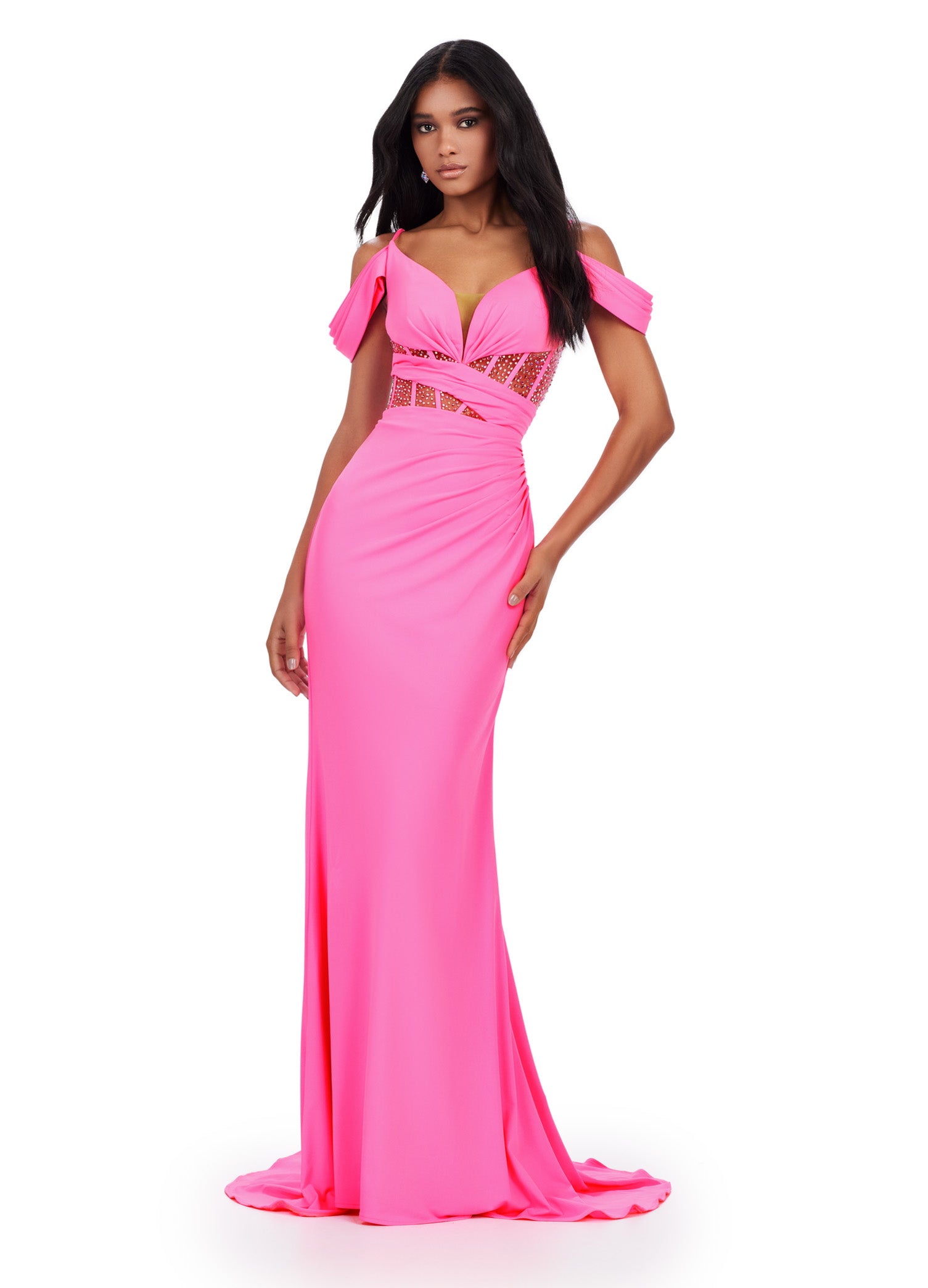 Cold-Shoulder Gown With Cut-Out Waist And Draped Skirt

