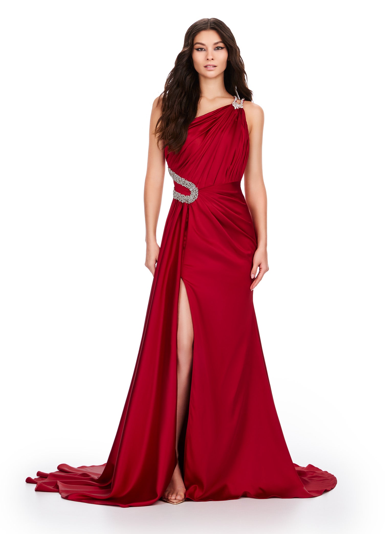 Elegant red floor-length gown featuring a one-shoulder design, draped bodice with sparkling embellishments, a thigh-high slit, and a flowing train for a sophisticated and glamorous look.