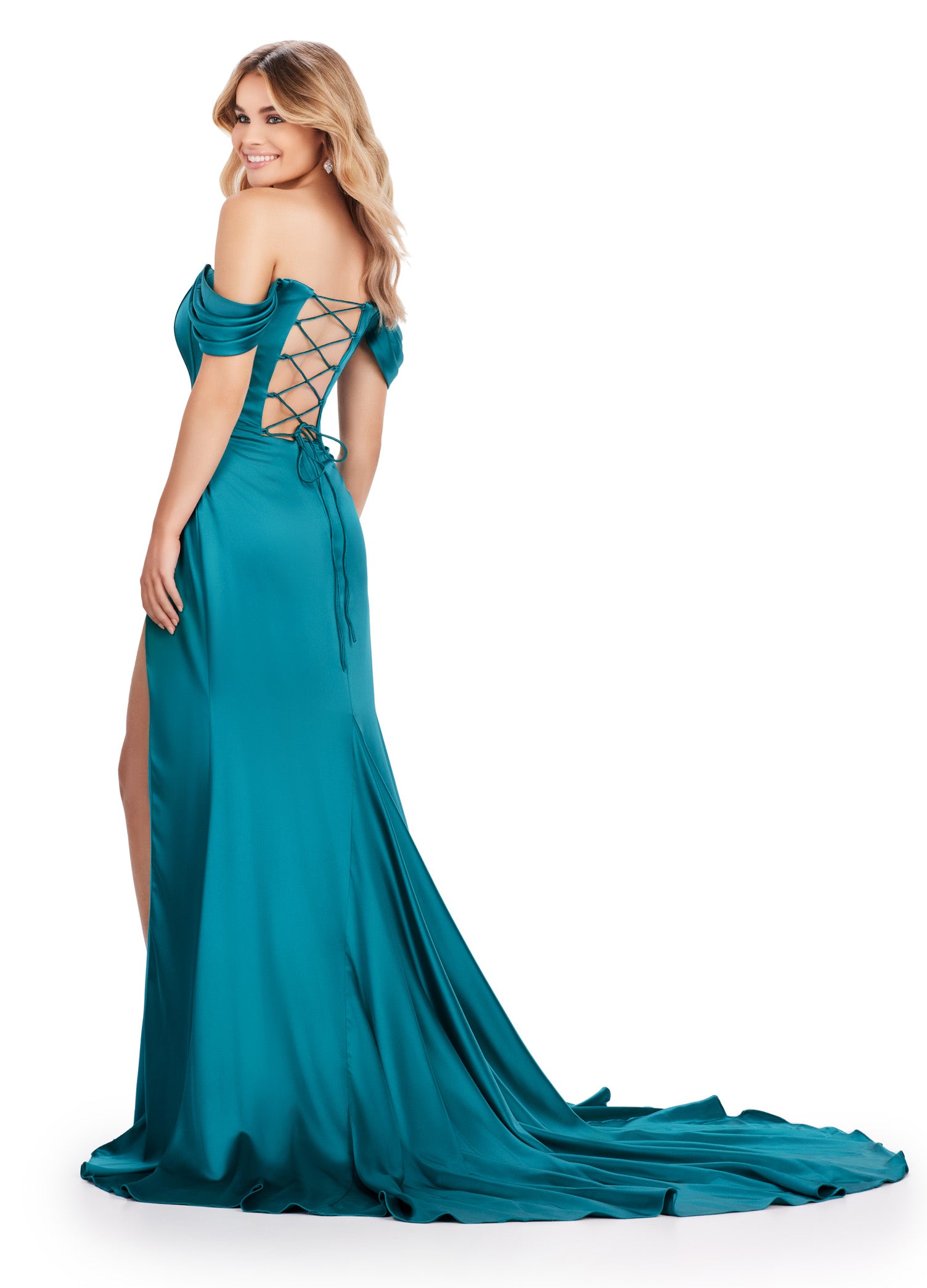 Back View - Off-the-shoulder emerald green evening gown featuring a corset-style bodice with pleated detailing, ruffled sleeve accents, a high leg slit, and a floor-length skirt with a slight train.