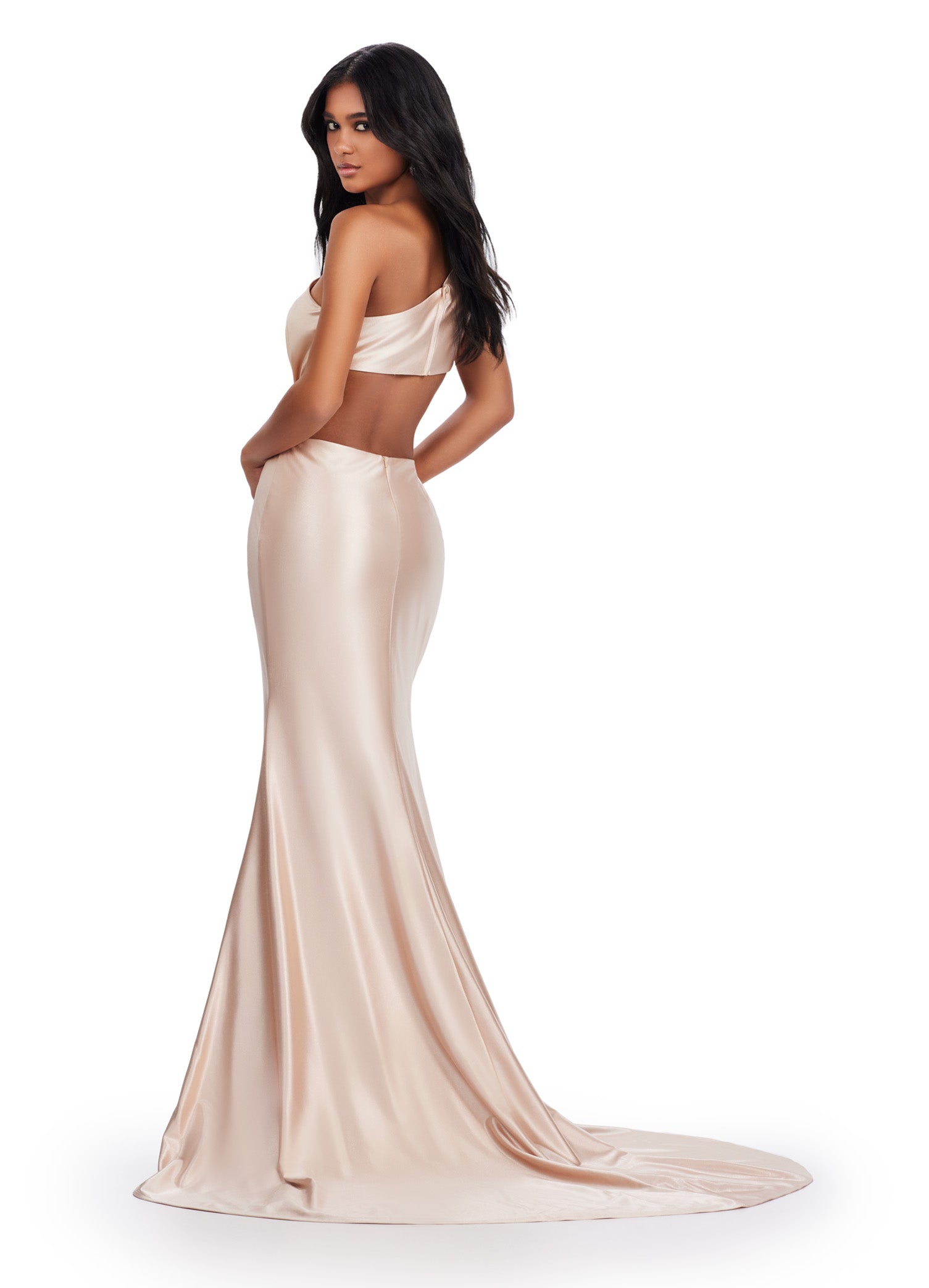 Champagne Satin Gown With Side Cut-Out And Rhinestone Detail. Back View.