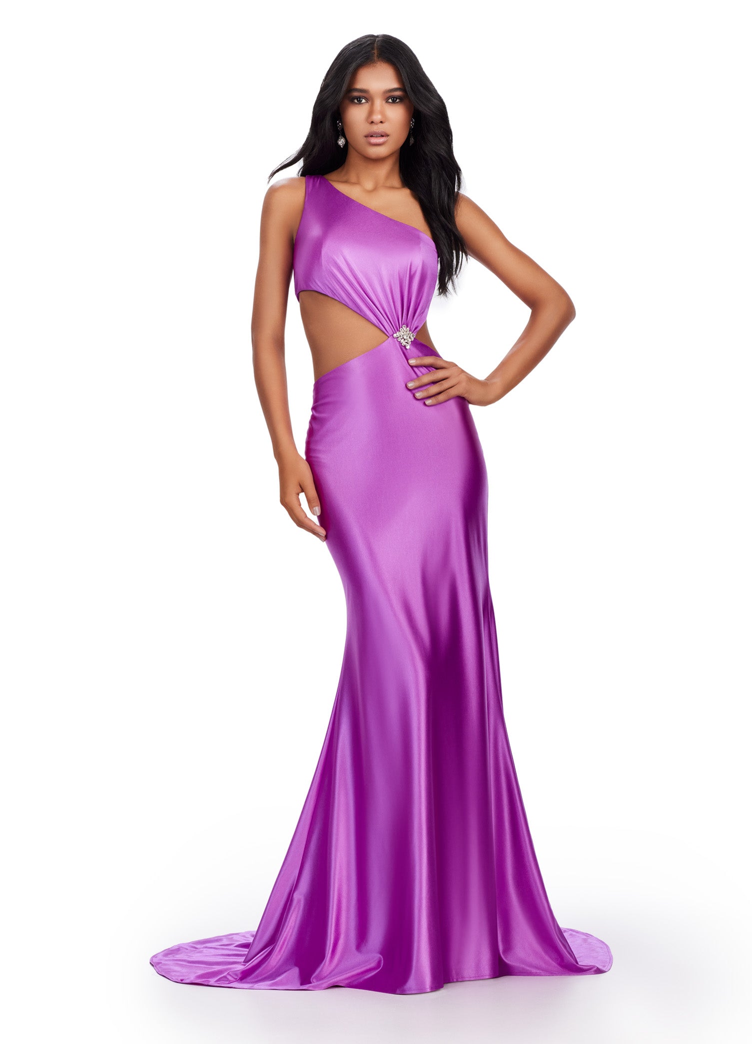 Purple Satin Gown With Side Cut-Out And Rhinestone Detail