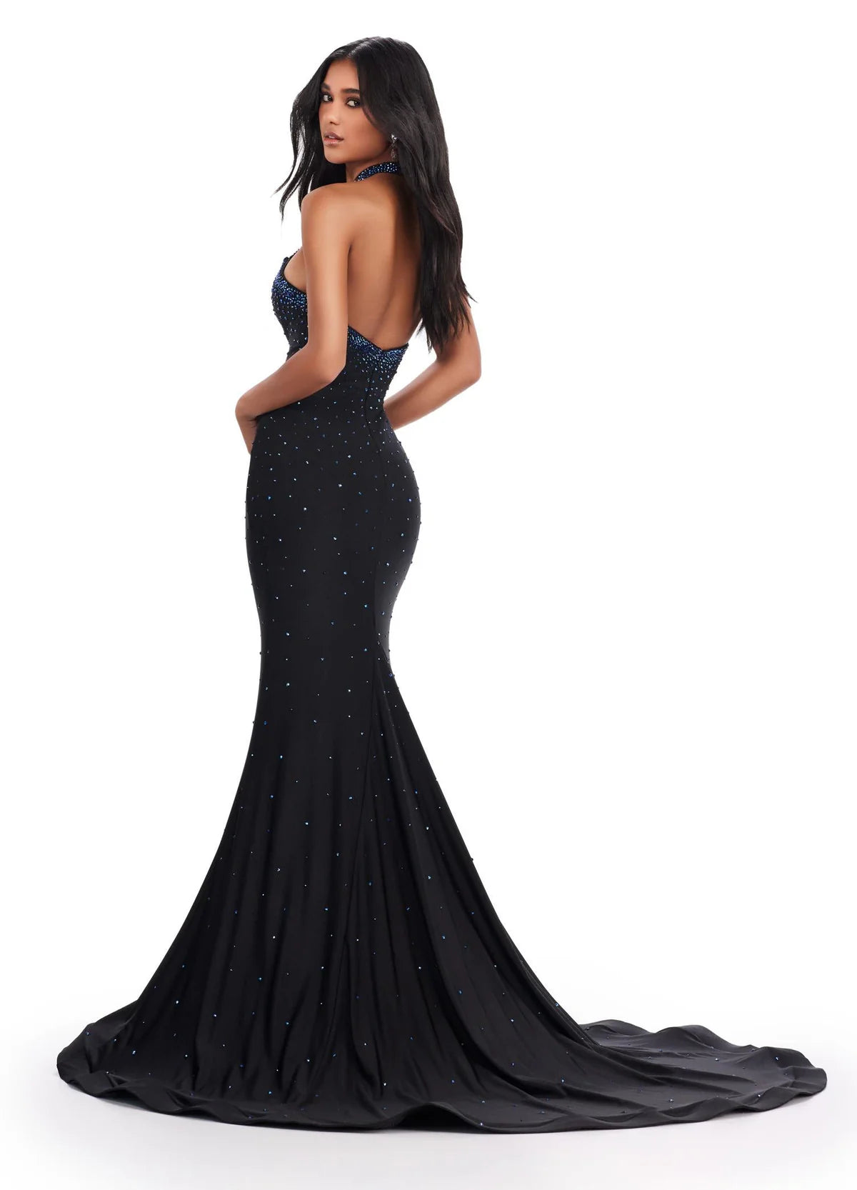 Back view of a stunning black gown with a halter neckline and diamond-shaped cut-outs, embellished with dazzling blue stones for a striking and sophisticated look.