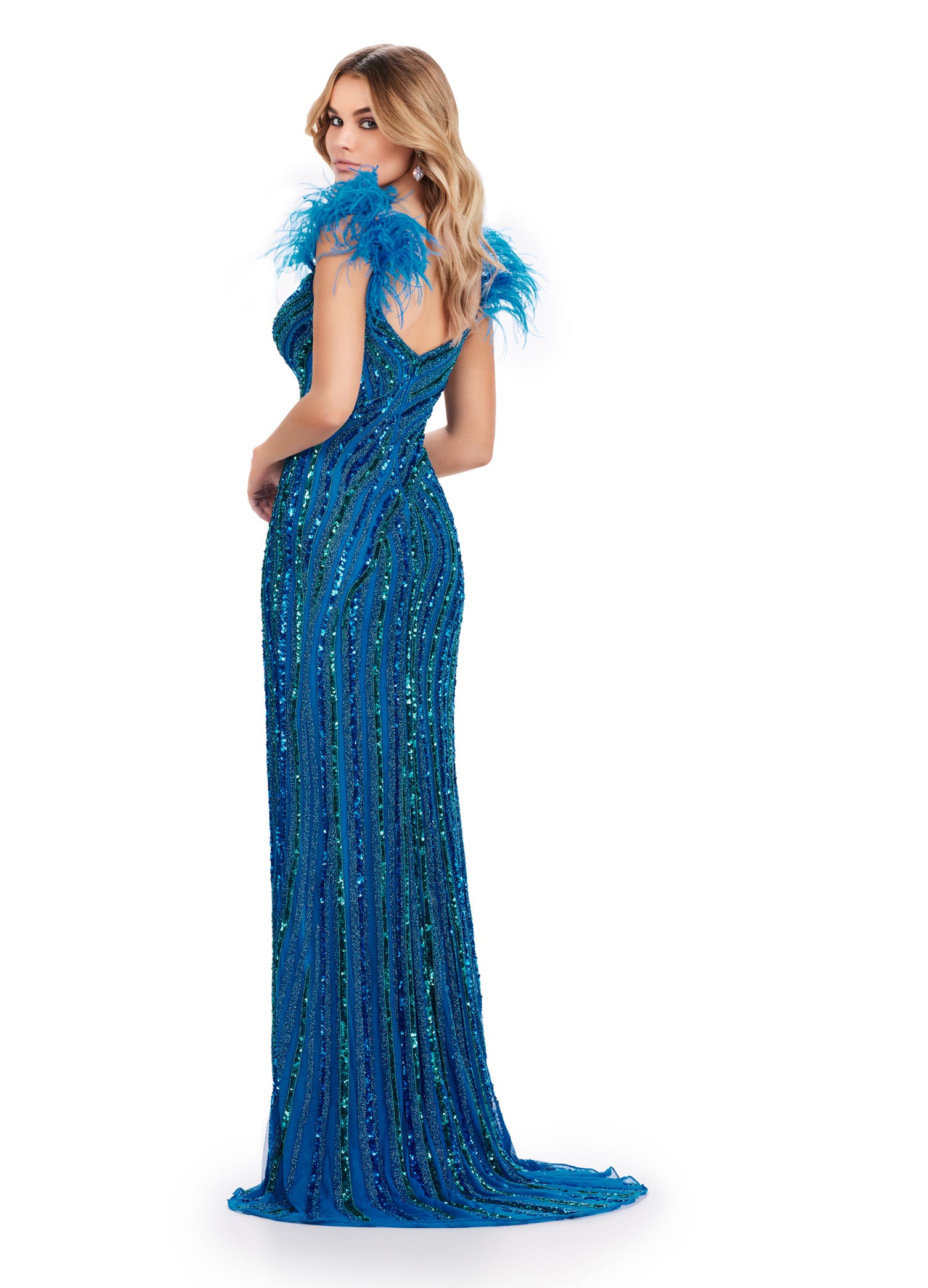 Risha ASHLEYlauren Dress | Blue Feather Shoulder Beaded Evening Gown With Slit