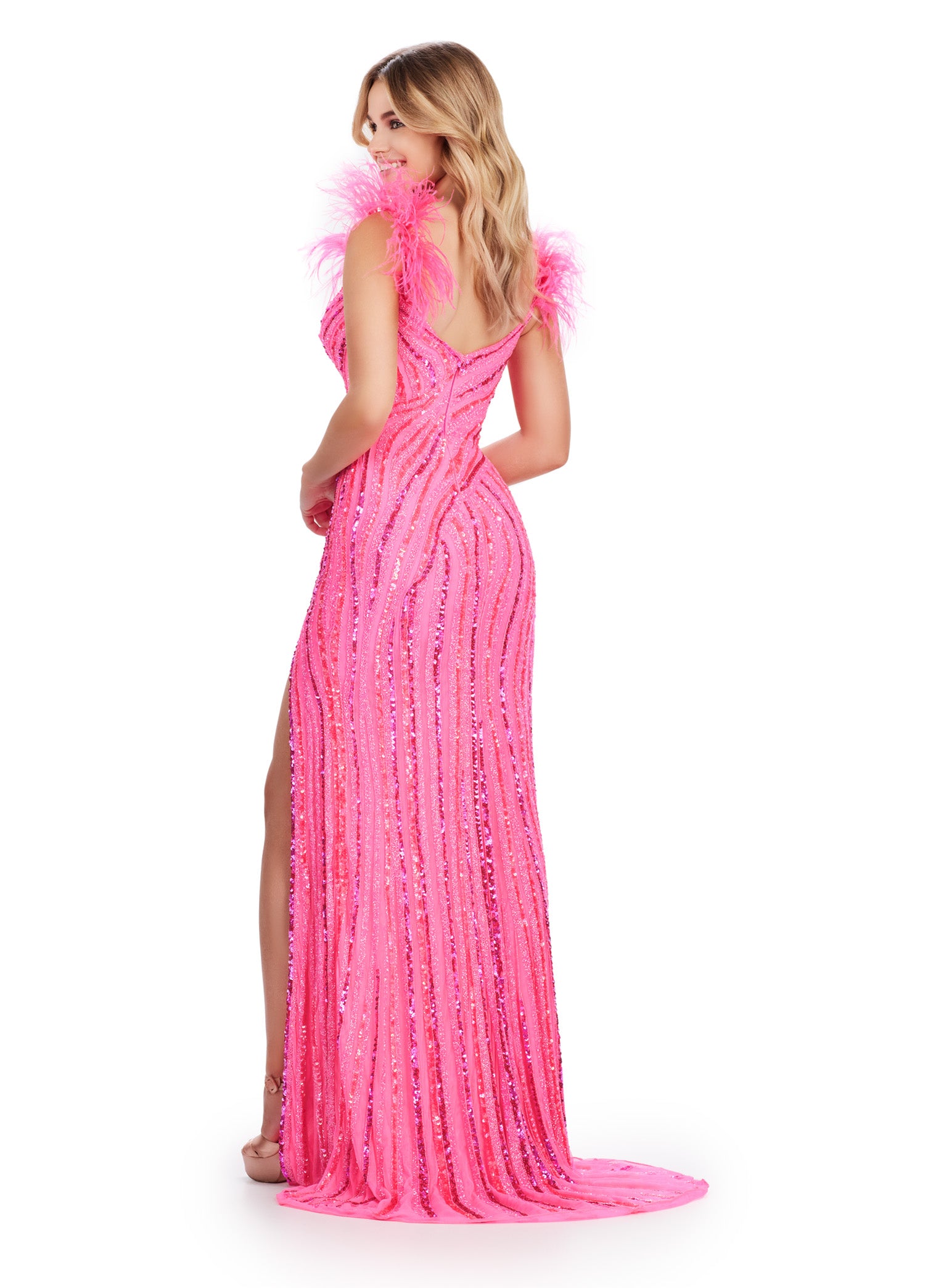 Risha ASHLEYlauren Dress | Pink Feather Shoulder Beaded Evening Gown With Slit