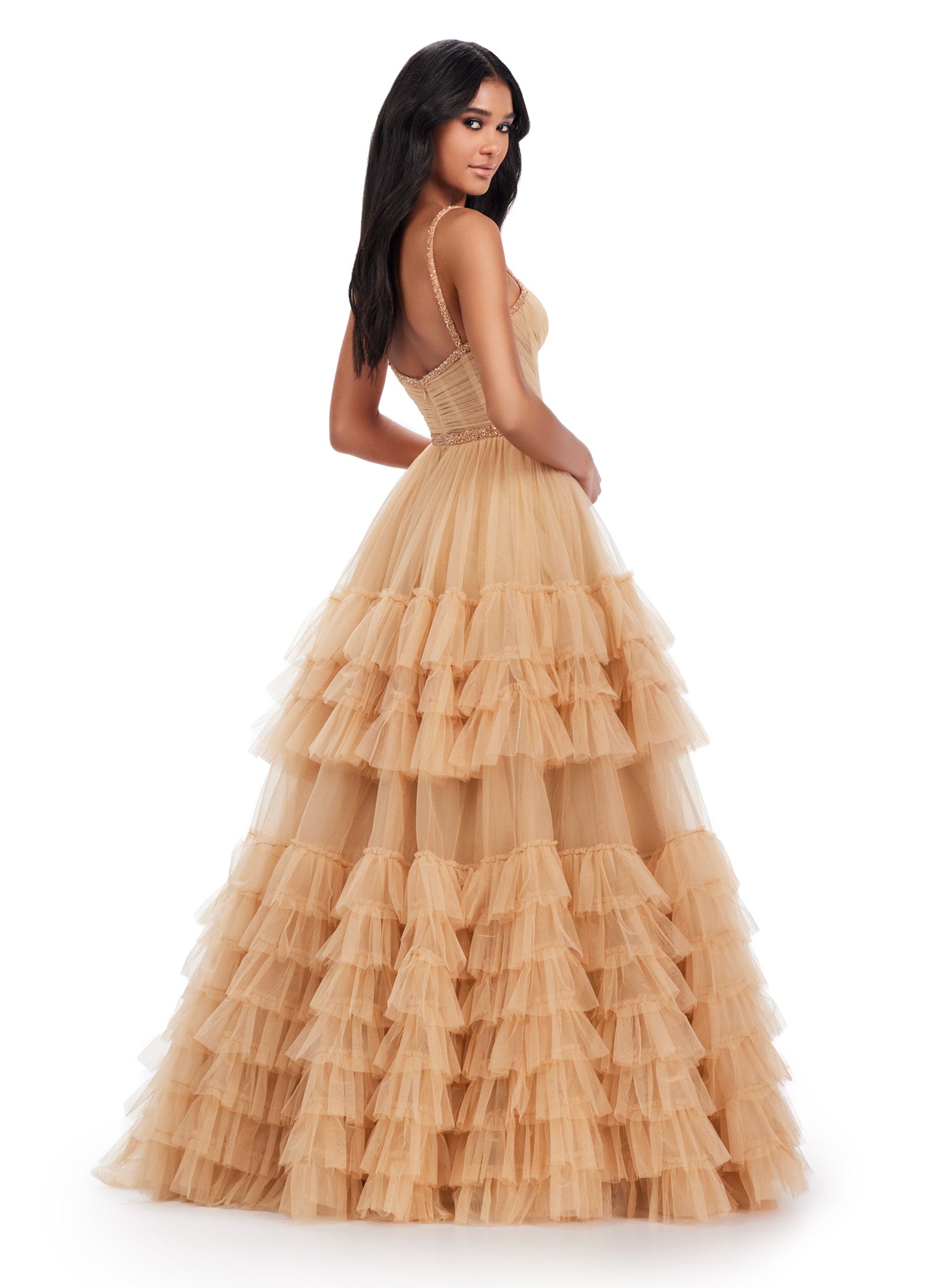 Back View - Nude ball gown with a sweetheart neckline, fitted bodice, embellished waistband, and tiered tulle skirt.