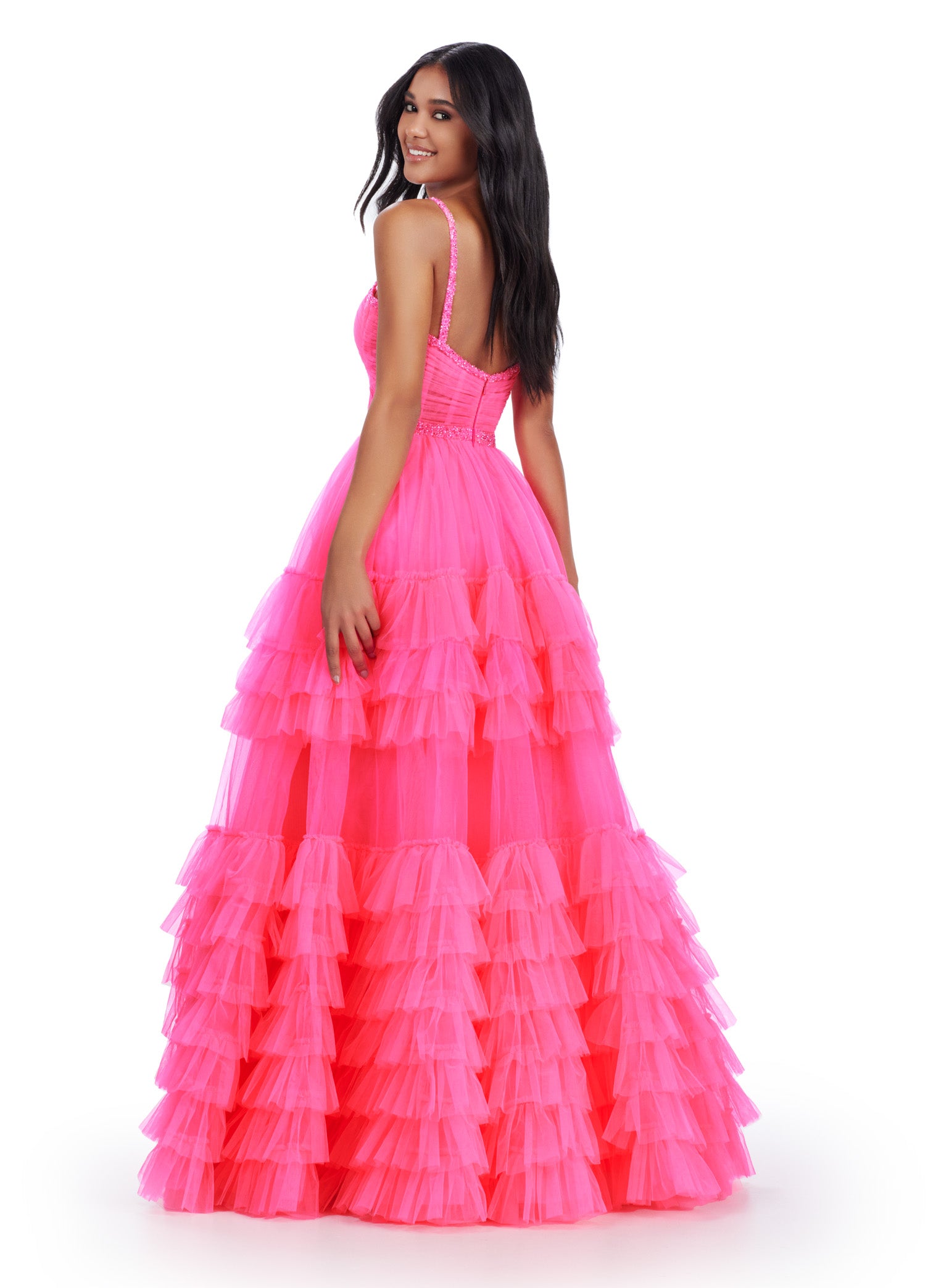 Back View - Hot Pink ball gown with a sweetheart neckline, fitted bodice, embellished waistband, and tiered tulle skirt.