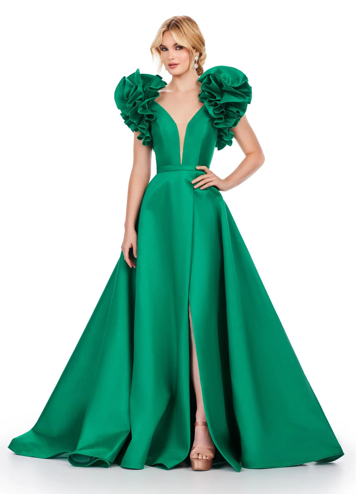 Emerald green ball gown featuring dramatic ruffled puff sleeves, a deep V-neckline, and a high slit, perfect for a regal and glamorous entrance.