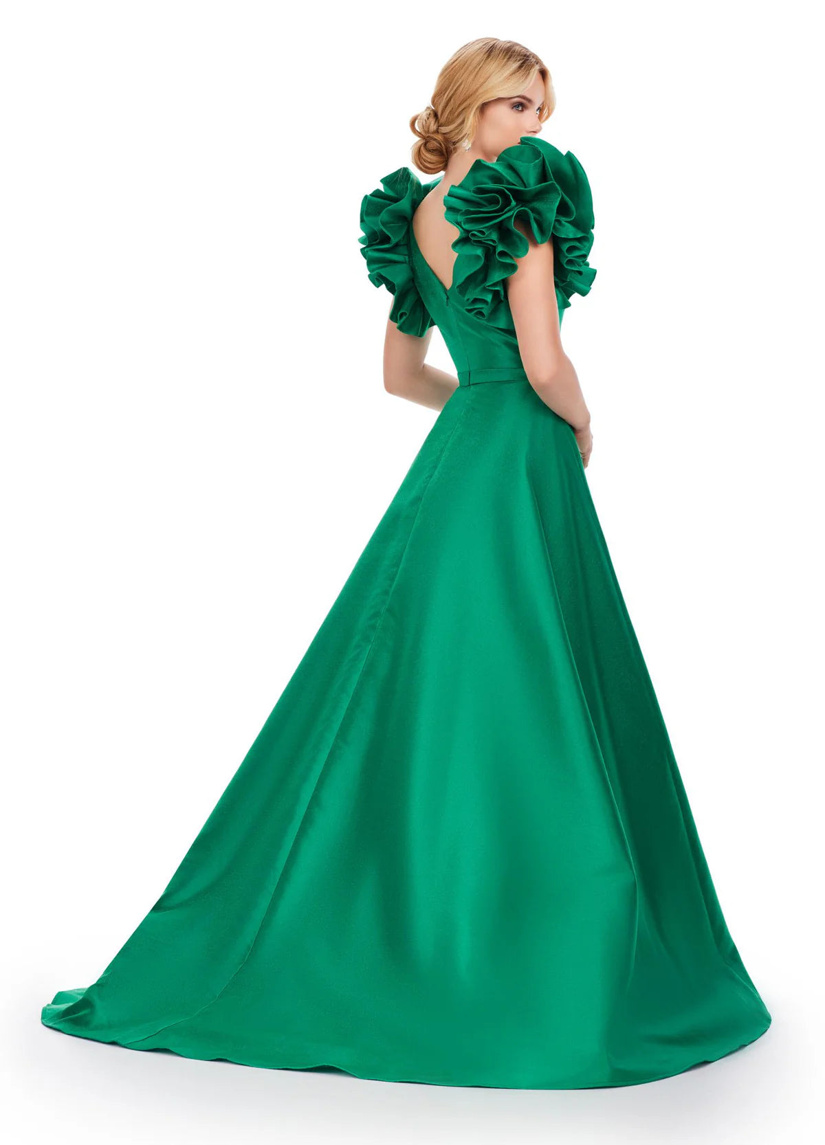 Back view - Emerald green ball gown featuring dramatic ruffled puff sleeves, a deep V-neckline, and a high slit, perfect for a regal and glamorous entrance.