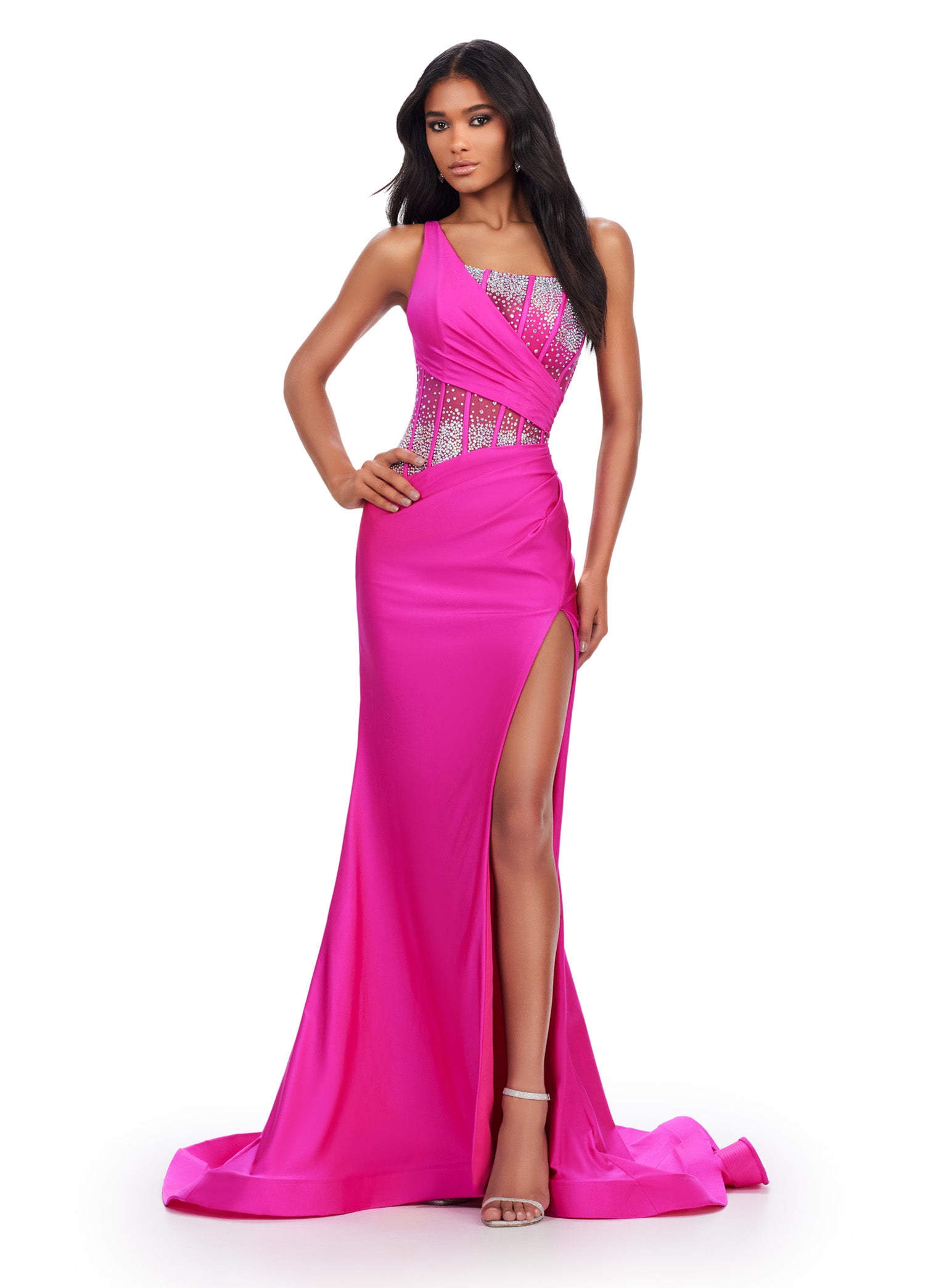 One-Shoulder Evening Gown with Beaded Bodice & Thigh-High Slit