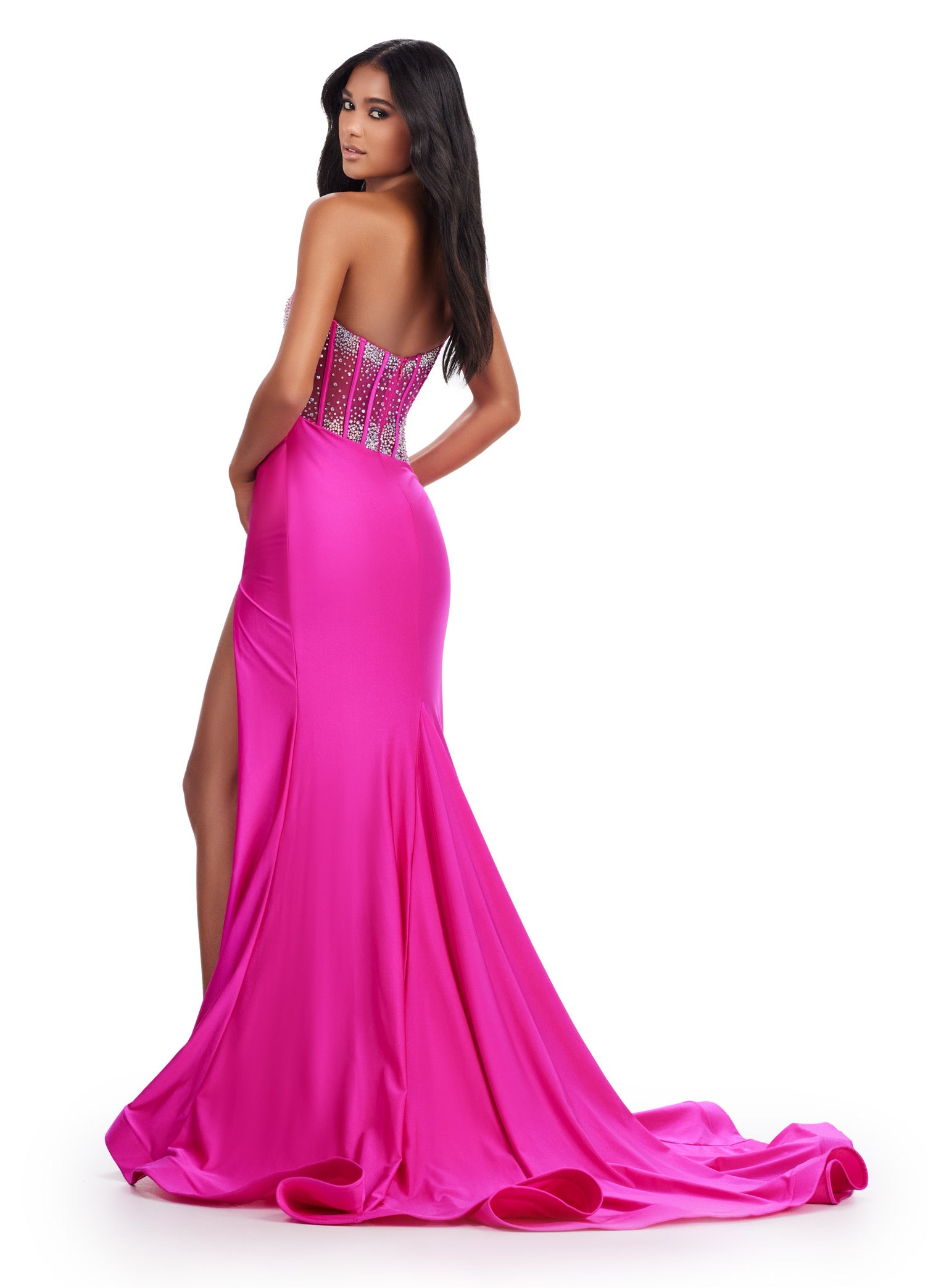 Back view Pink One-Shoulder Evening Gown with Beaded Bodice & Thigh-High Slit