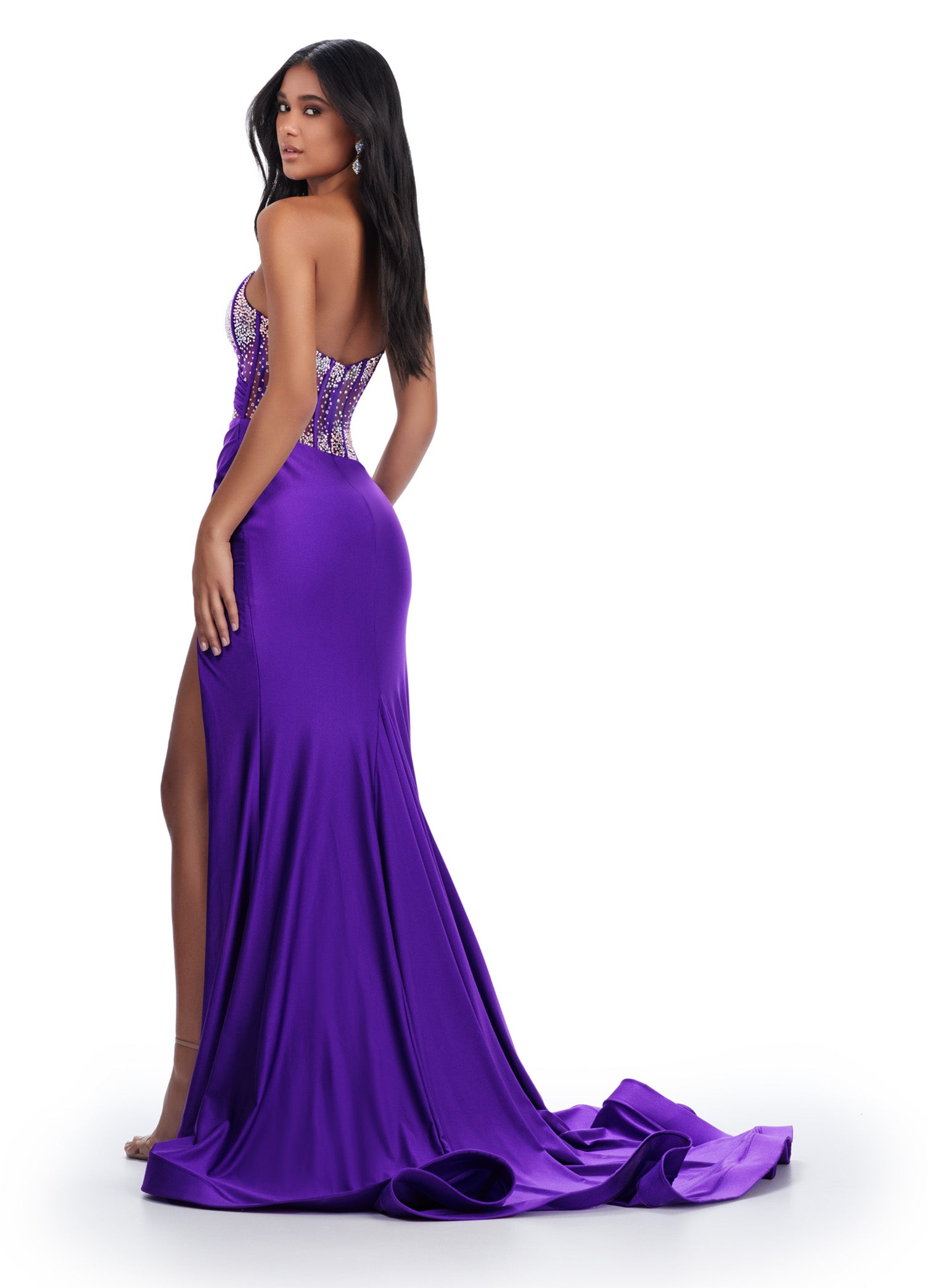 Back view - Purple One-Shoulder Evening Gown with Beaded Bodice & Thigh-High Slit