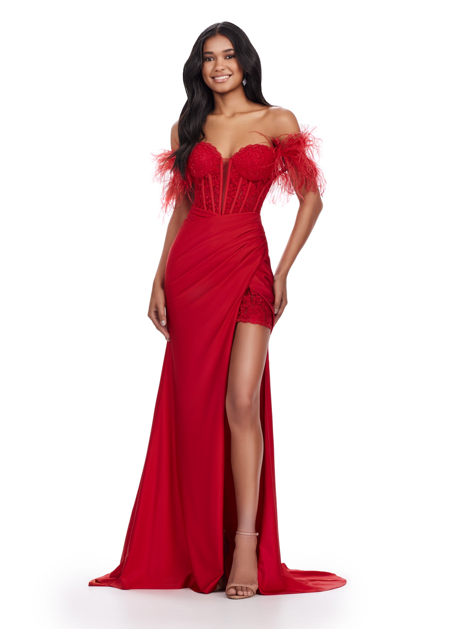 Red Gown With Feathered Off-Shoulder Sleeves And Thigh Slit
