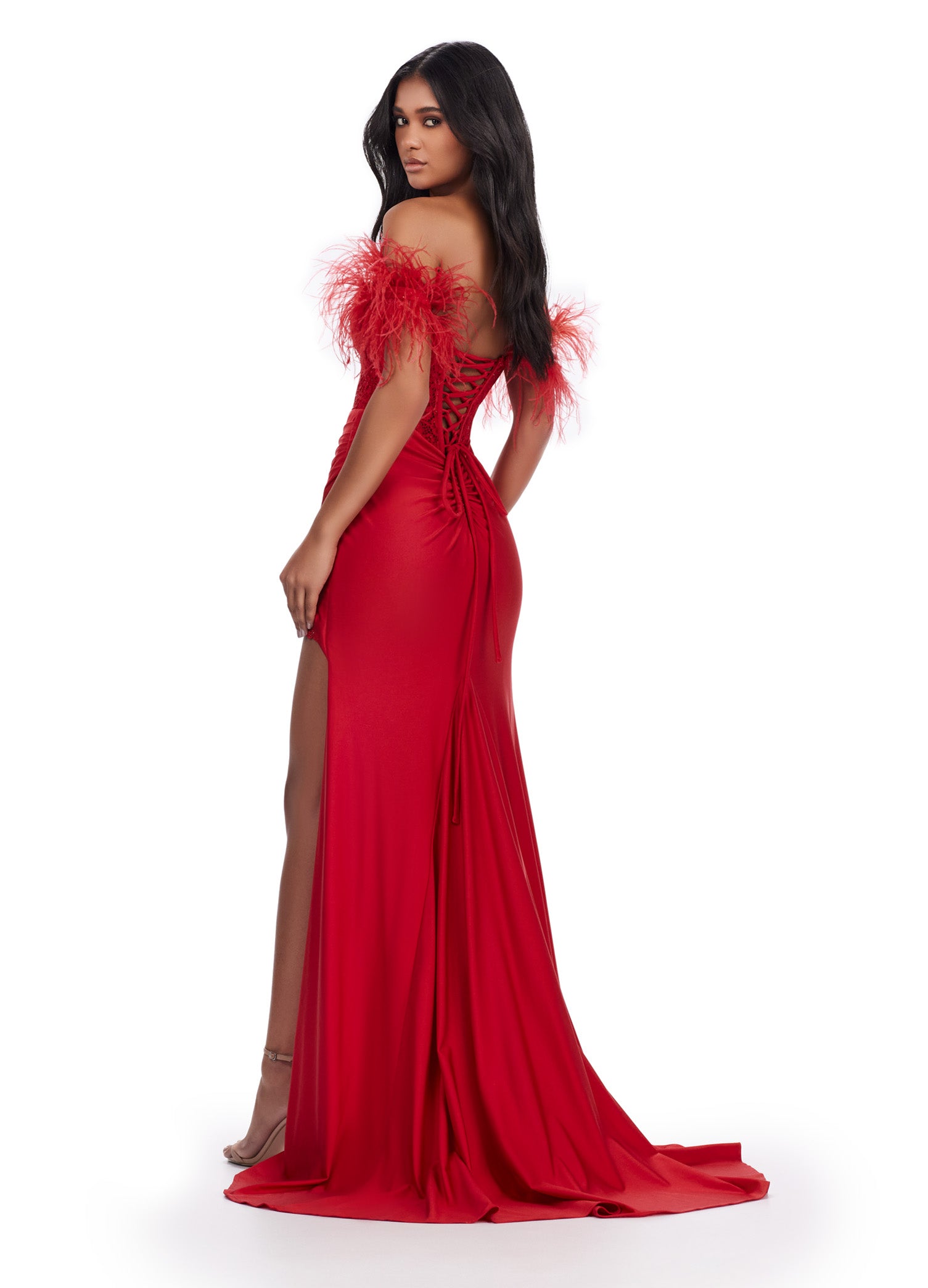 Back view - Red Gown With Feathered Off-Shoulder Sleeves And Thigh Slit