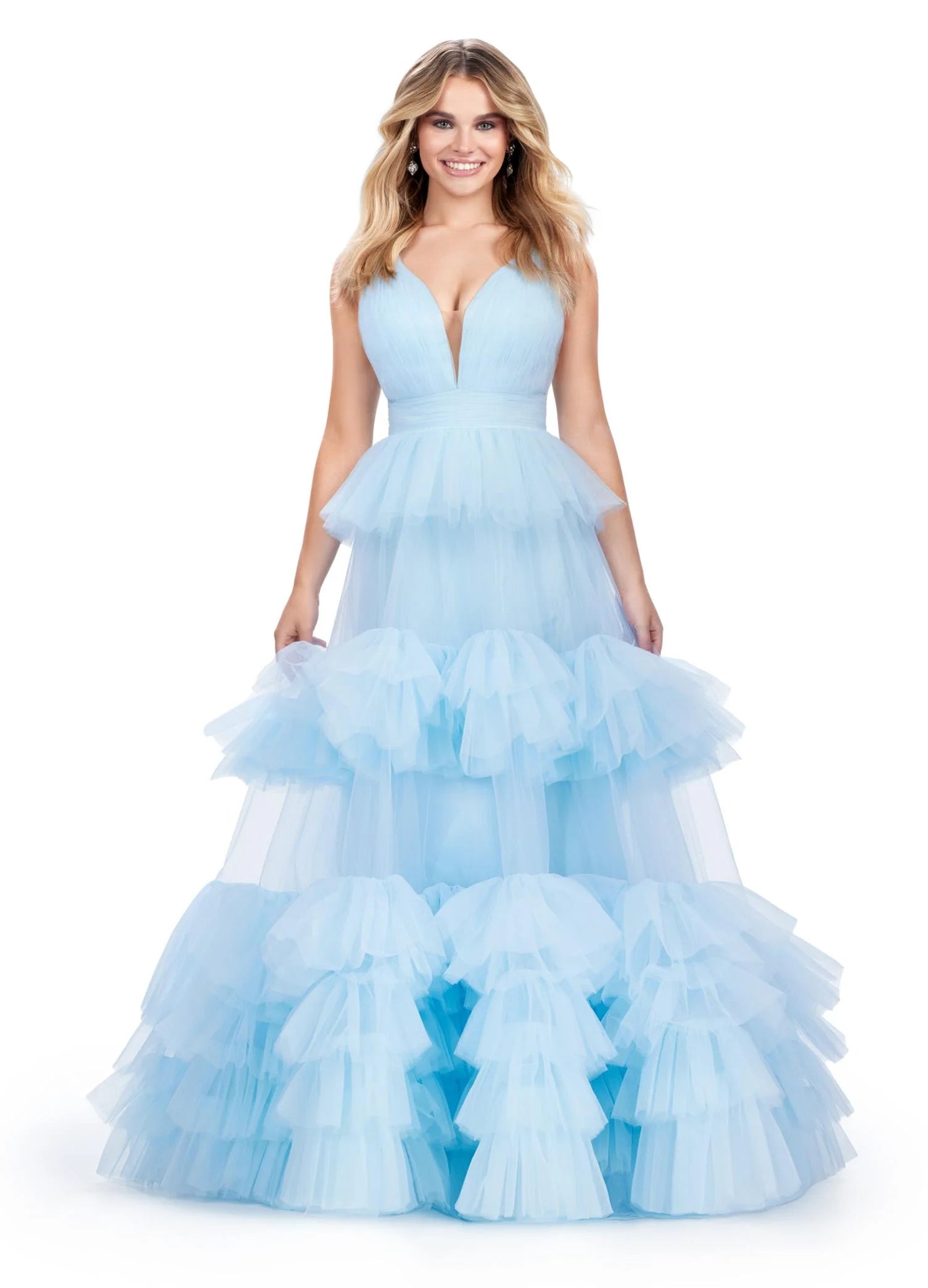 Sky ASHLEYlauren 11620 Romola Gown - A stunning ball gown featuring a fitted V-neckline bustier and a deep V-back for an elegant, structured silhouette. The multi-tiered tulle ruffle skirt cascades gracefully, creating a voluminous and ethereal look. Perfect for galas, pageants, and special occasions, this gown exudes romance and sophistication.