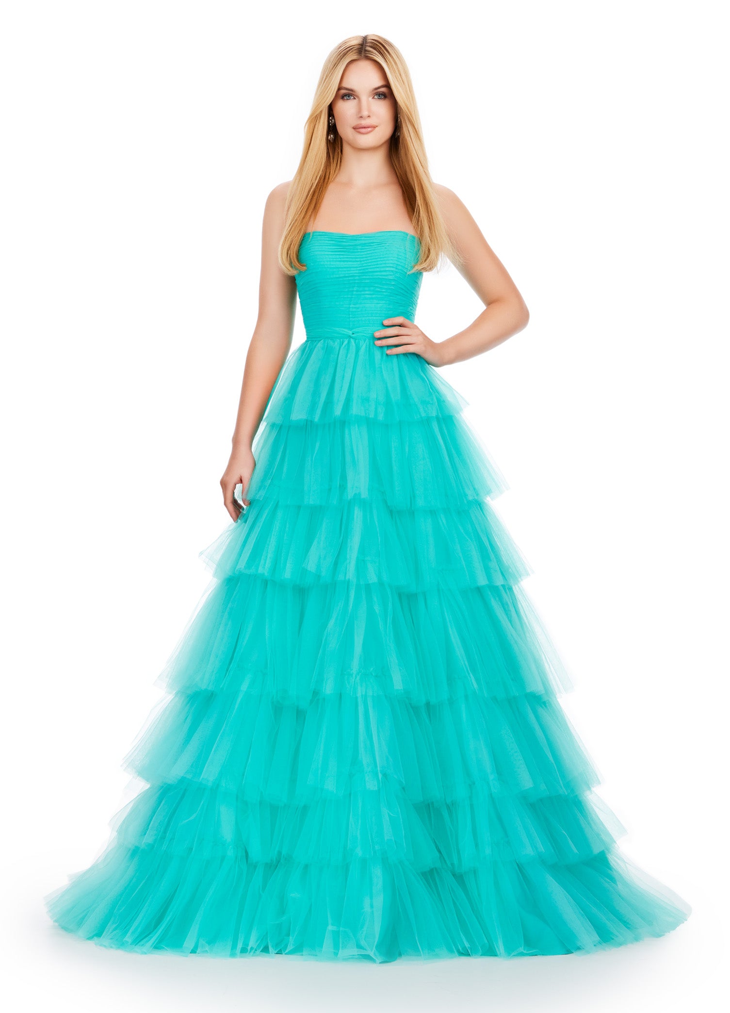 Aqua Strapless Tulle Ball Gown With Tiered Ruffle Skirt and Fitted Bodice