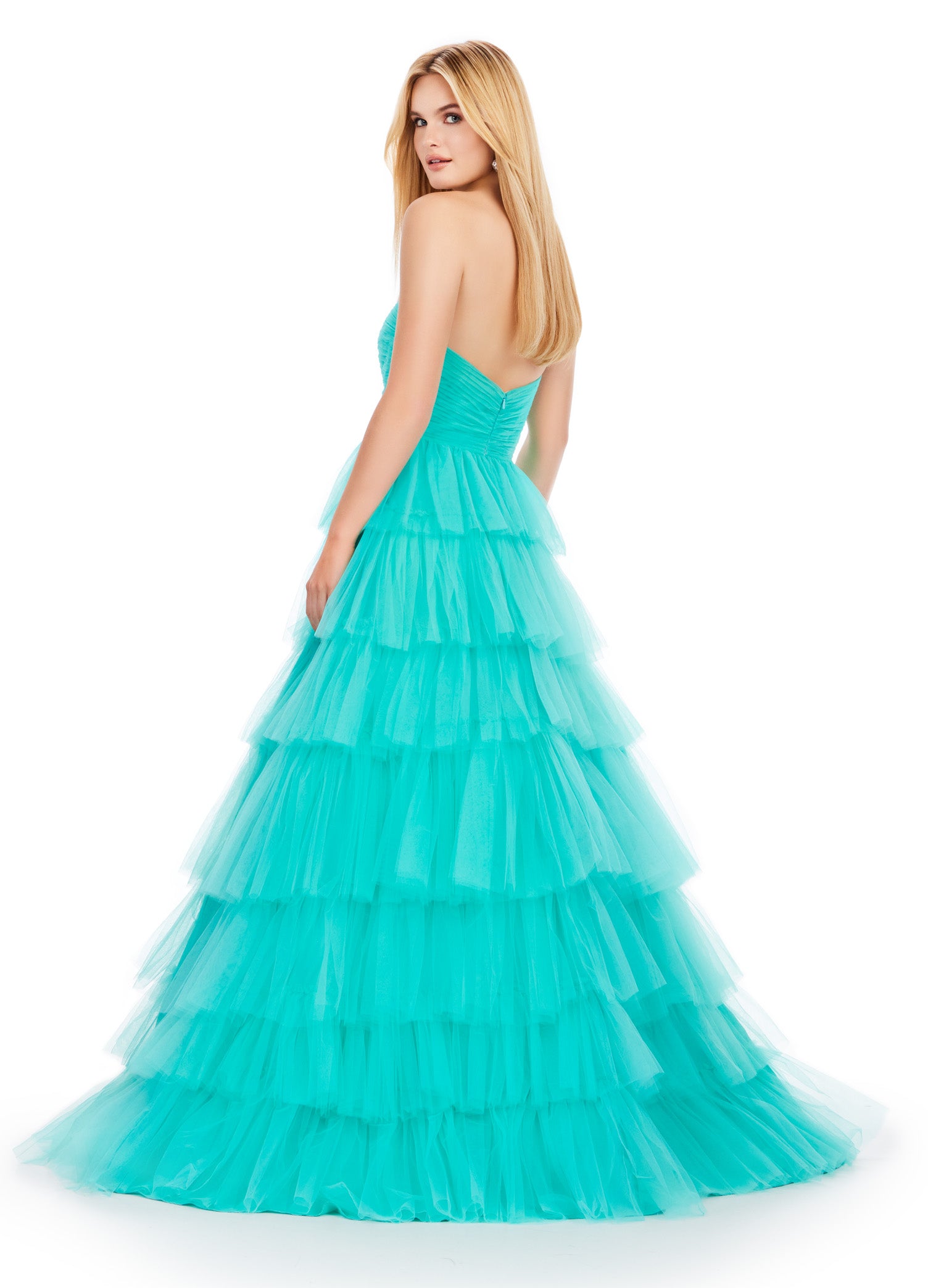 Back View - Aqua Strapless Tulle Ball Gown With Tiered Ruffle Skirt and Fitted Bodice