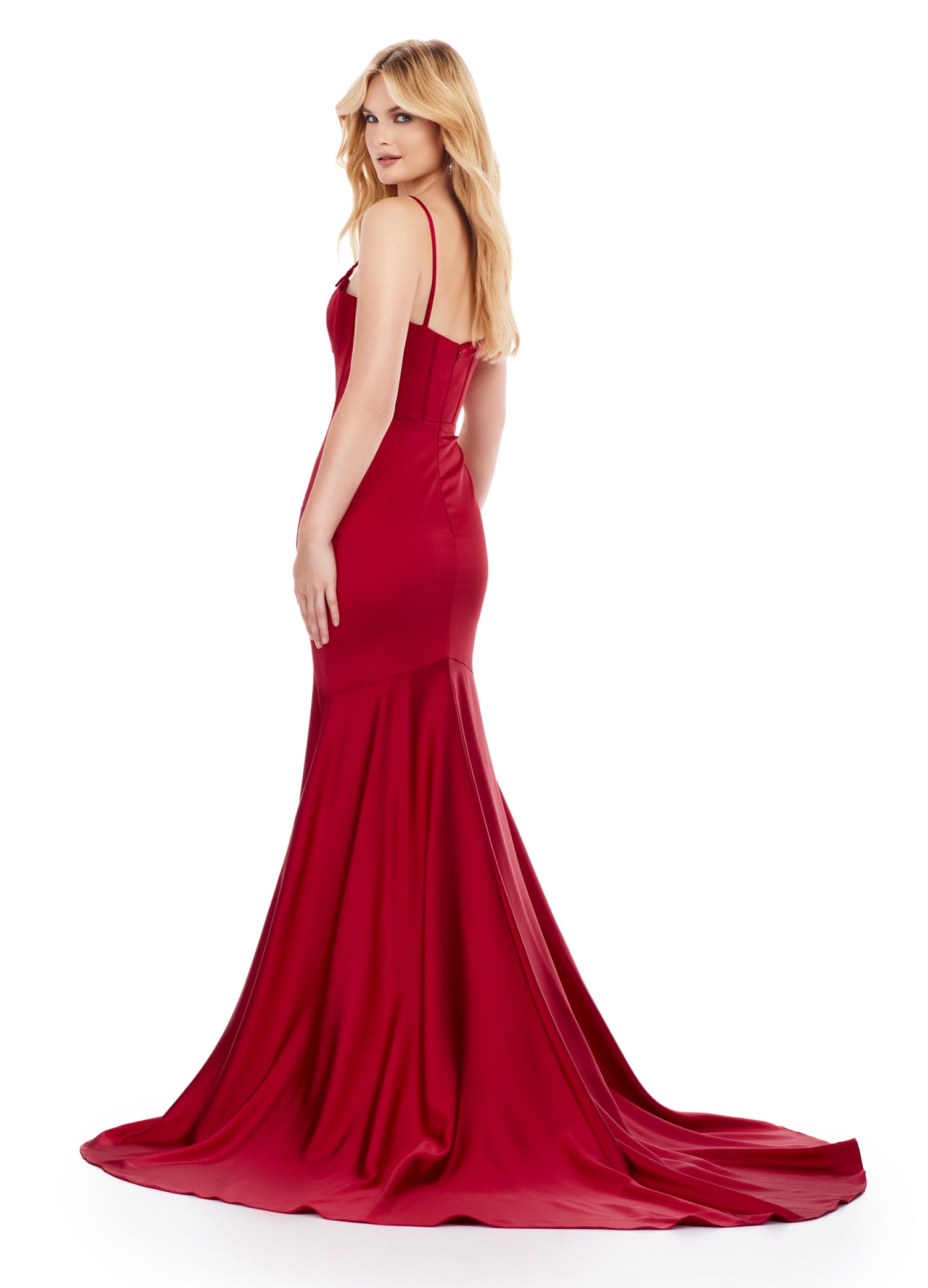 Back view of a striking red satin mermaid gown featuring a plunging neckline, adjustable spaghetti straps with metallic detailing, and a flowing train, perfect for a glamorous evening or formal event.