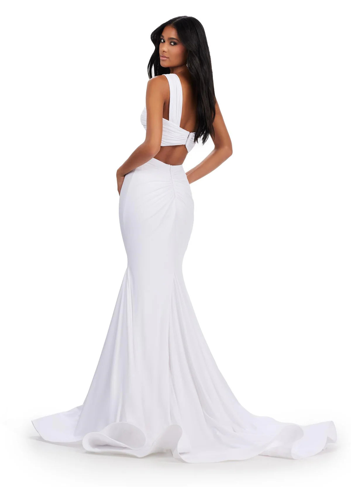 Back view of a stunning white two-piece gown featuring a twisted crop top with a one-shoulder strap and a fitted mermaid skirt, delivering a modern and sophisticated look.