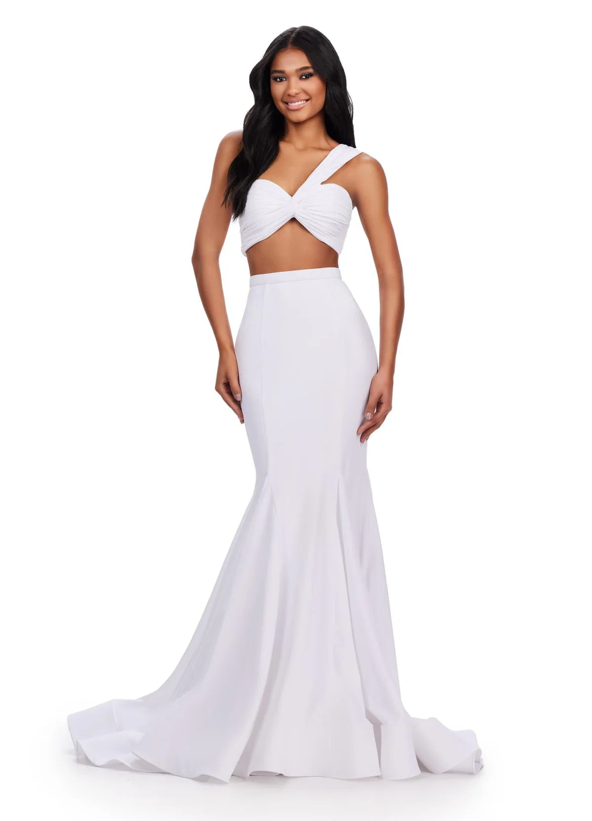 Elegant white two-piece gown featuring a twisted crop top with a one-shoulder strap and a fitted mermaid skirt, delivering a modern and sophisticated look.