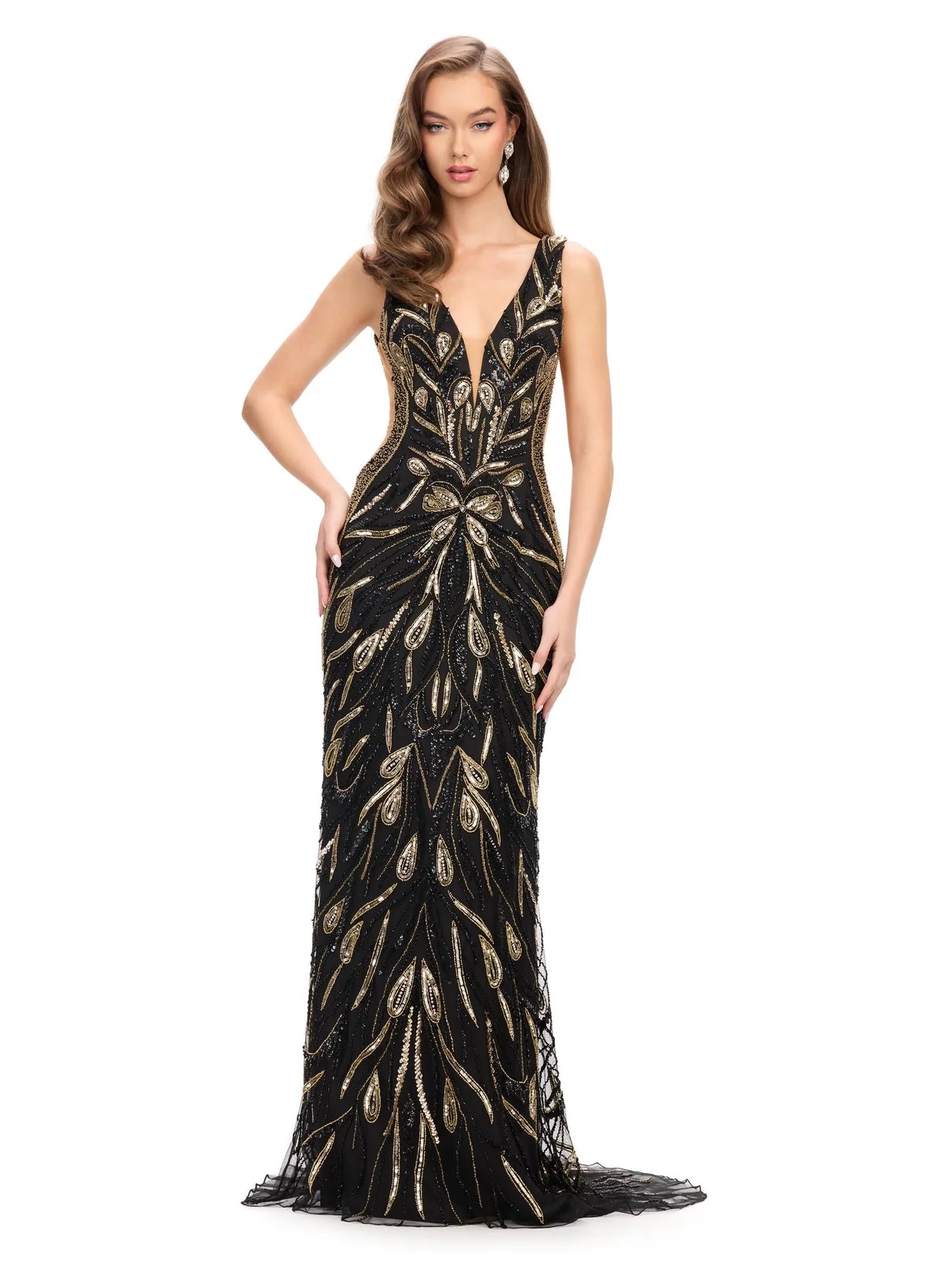 Black And Gold Embellished Gown Featuring A Plunging V-Neckline, Sleeveless Design, And Intricate Beaded Detailing.