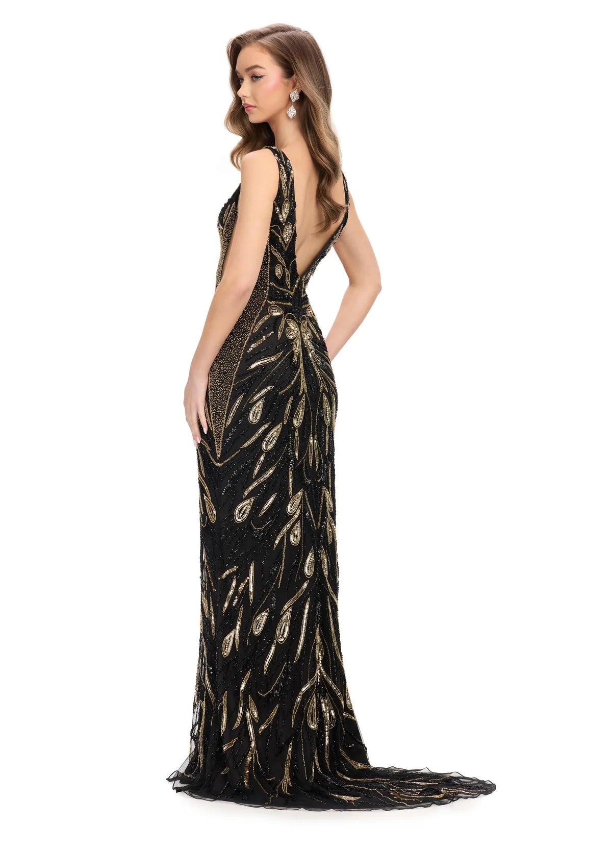 Black And Gold Embellished Gown Featuring A Plunging V-Neckline, Sleeveless Design, And Intricate Beaded Detailing. Back View.