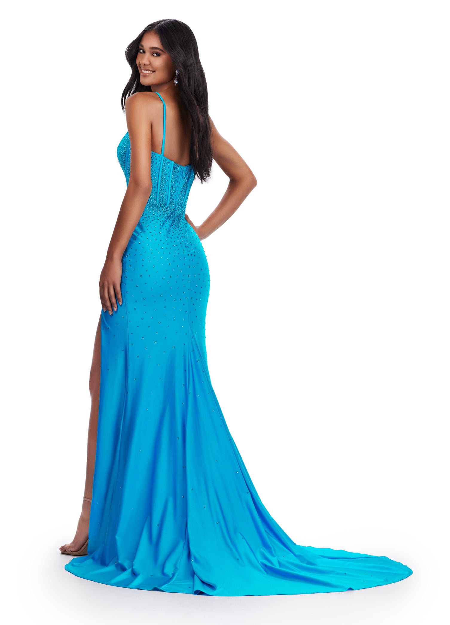 Elegant Aqua Plunge Neck Evening Gown with Sparkling Embellishments & Thigh-High Slit | Luxury Designer Dress