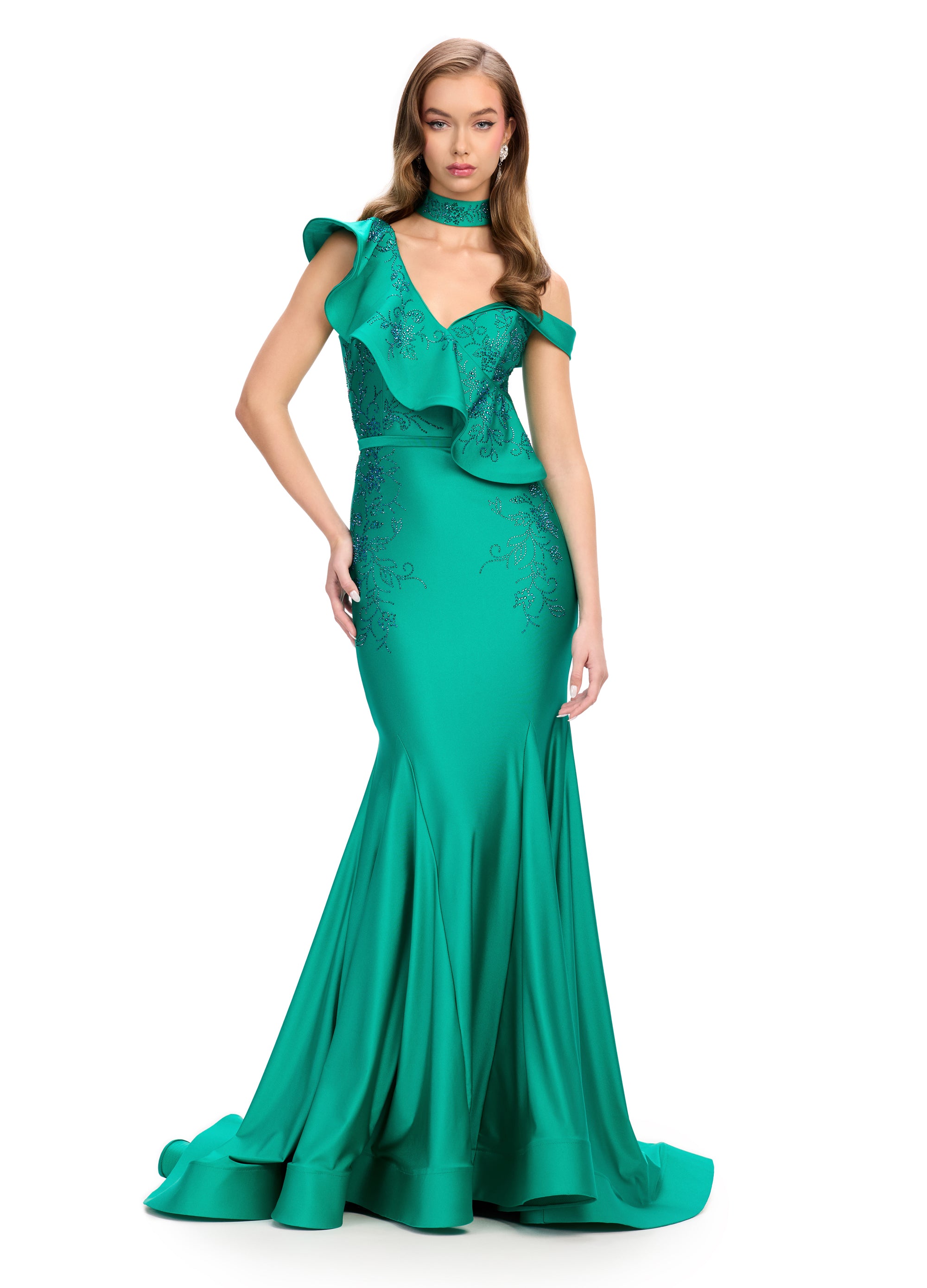 Embroidered Green Mermaid Gown with Ruffle Details and Choker Neckline | Elegant Evening Dress for Formal Events






