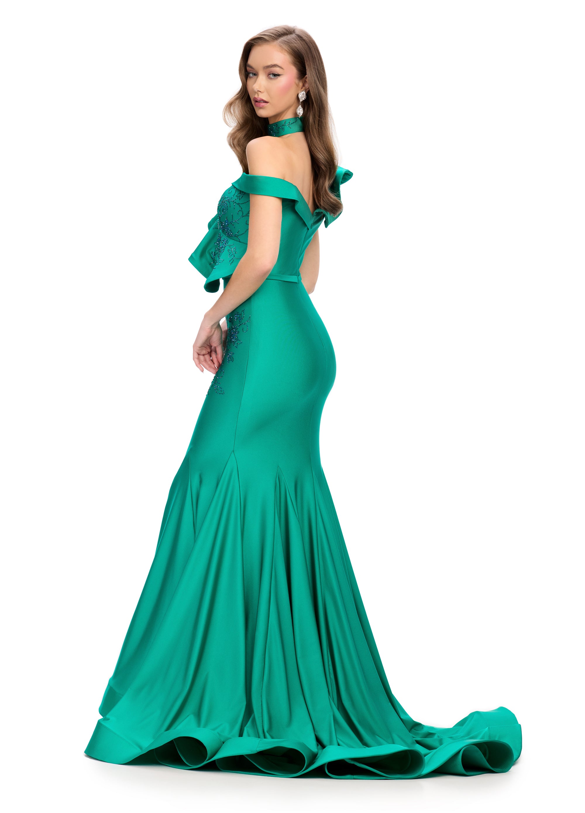 Back view | Embroidered Green Mermaid Gown with Ruffle Details and Choker Neckline | Elegant Evening Dress for Formal Events