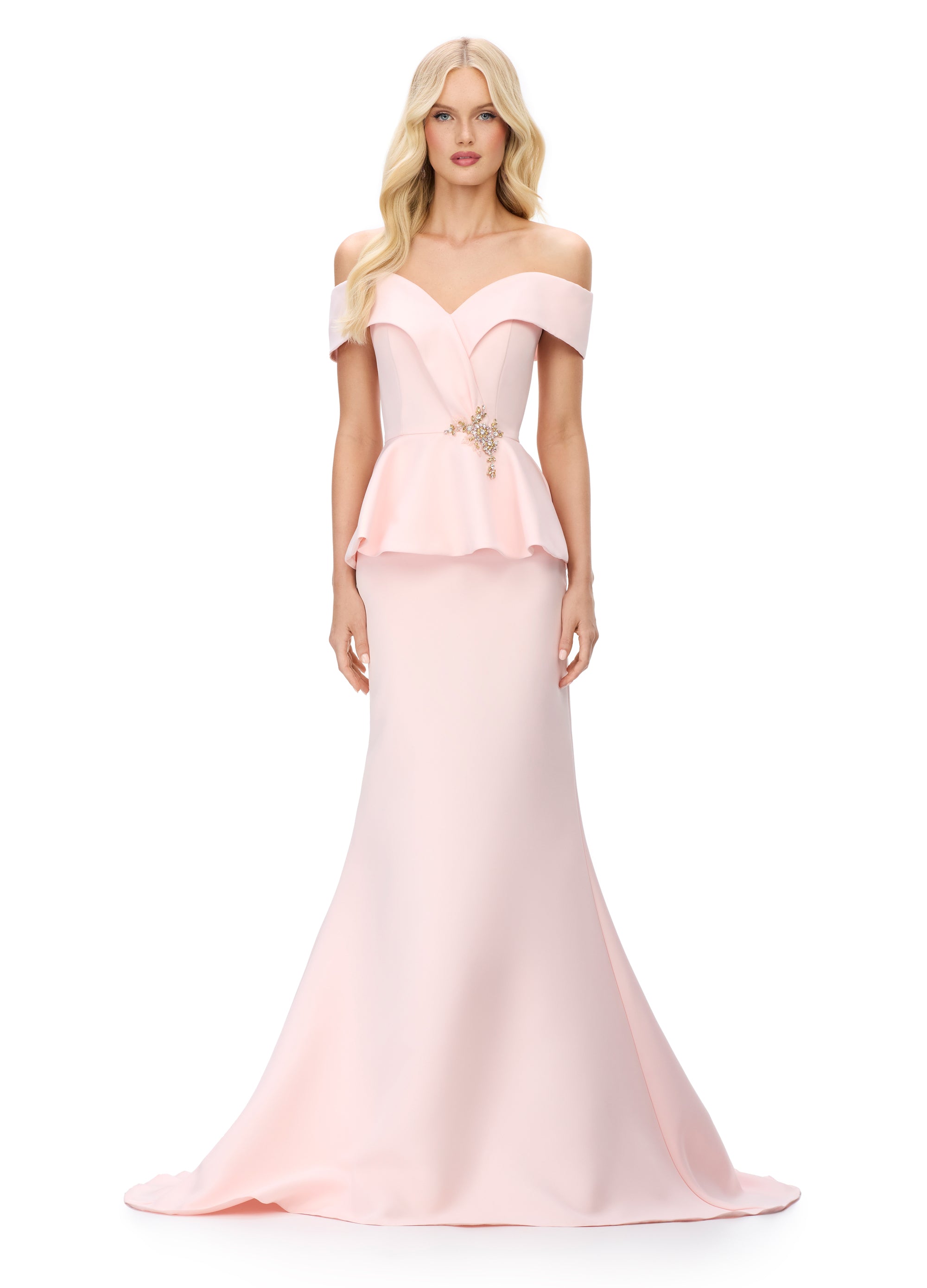 Off-Shoulder Pink Peplum Gown with Embellished Waist Detail | Elegant and Feminine Formal Dress






