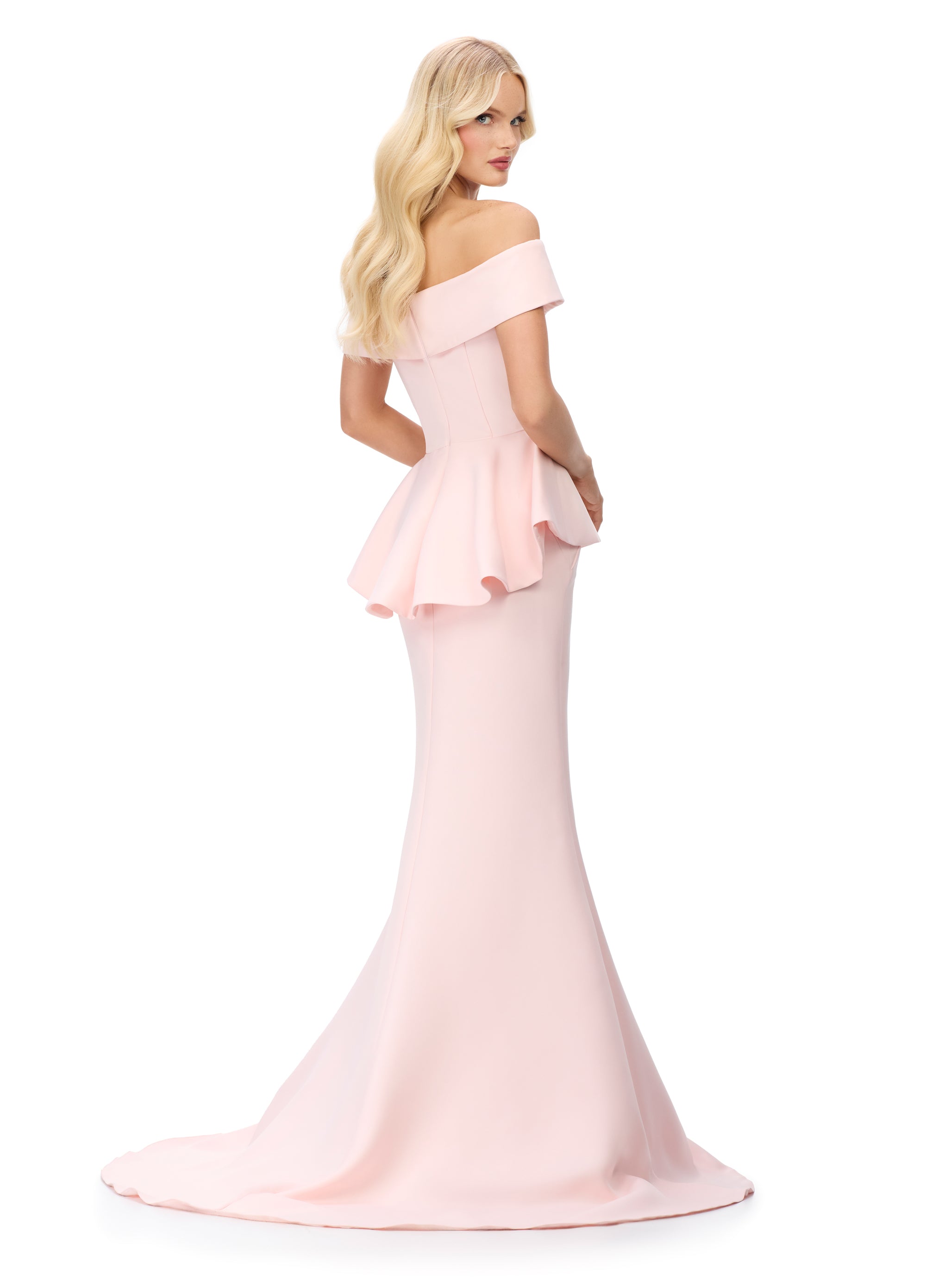 Off-Shoulder Pink Peplum Gown with Embellished Waist Detail | Elegant and Feminine Formal Dress. Back View.