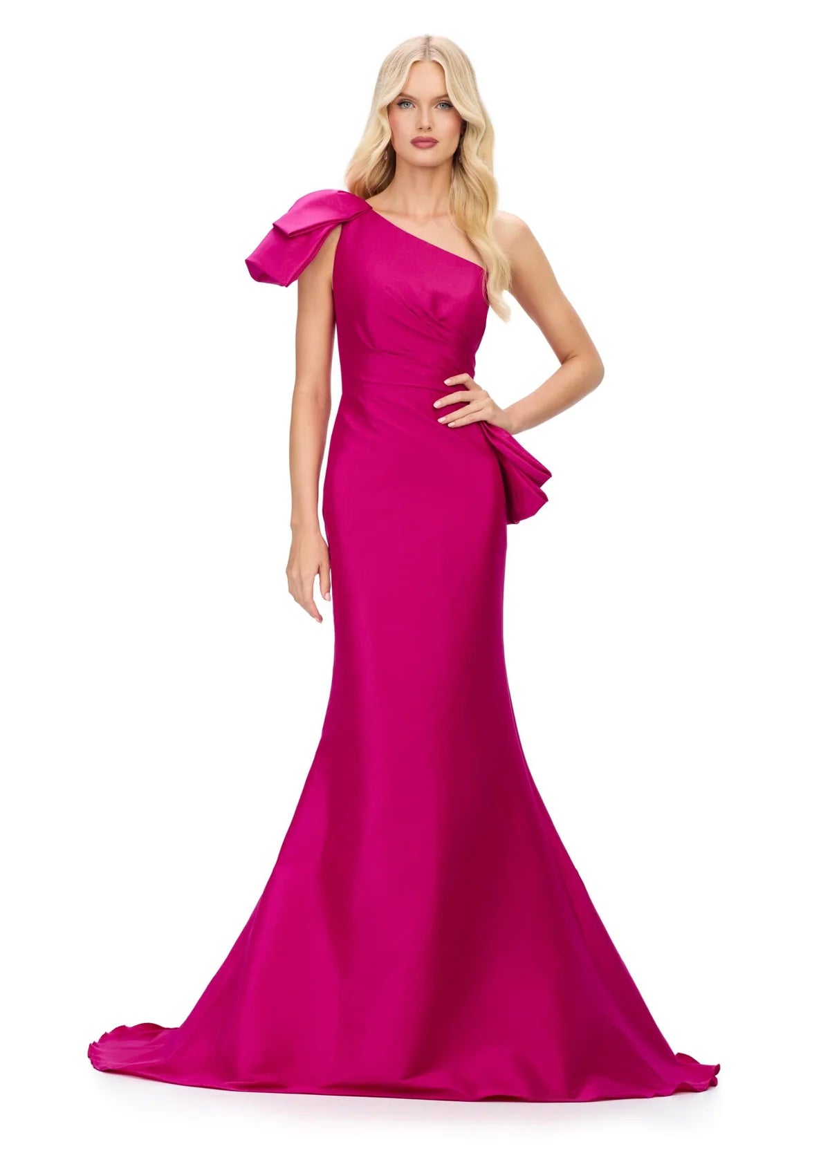 Pink elegant one-shoulder evening gown with a statement bow accent, fitted silhouette, and flared mermaid hemline for a sophisticated and timeless look.