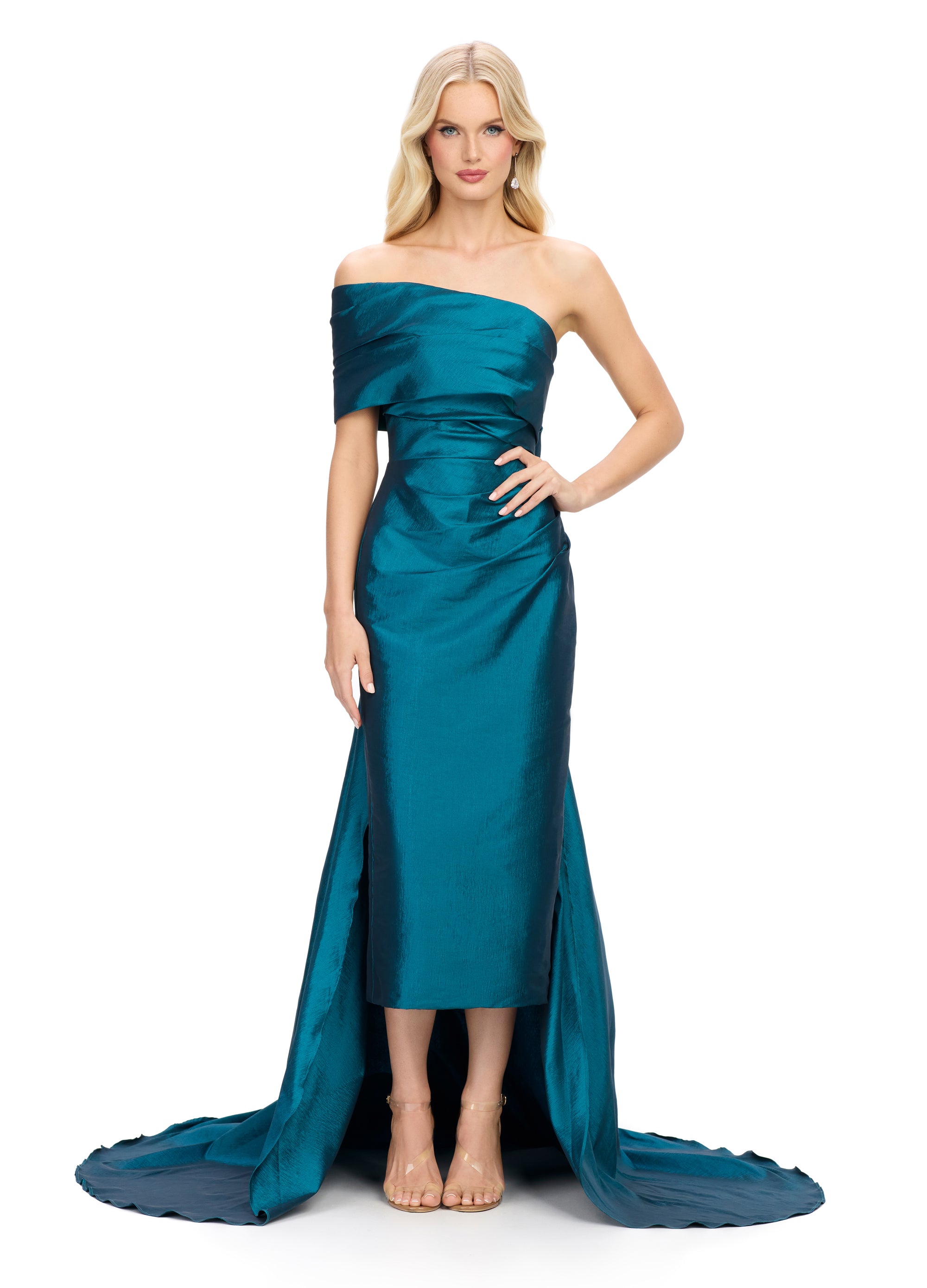 Off-Shoulder Emerald Green Satin High-Low Gown With Ruched Bodice And Draped Train