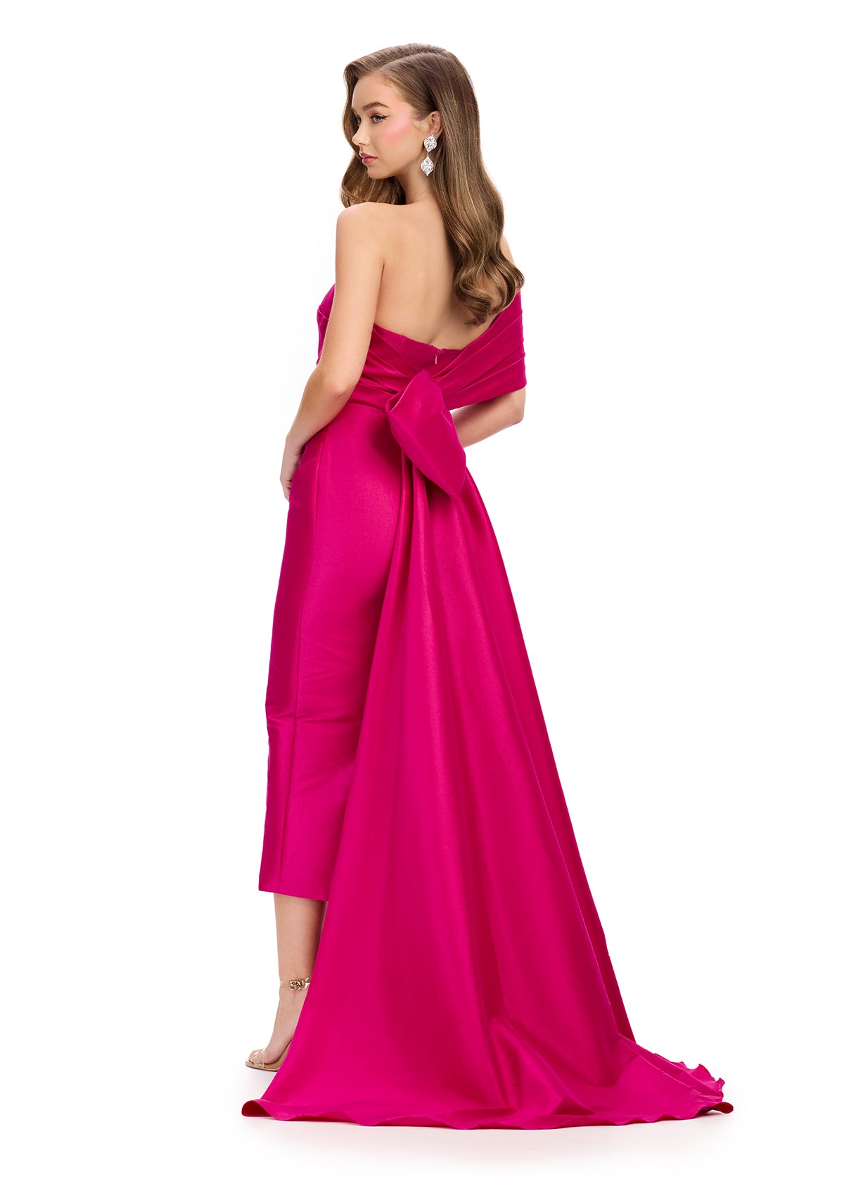 Back view - Off-Shoulder Hot Pink Gown with Draped Train and Side Slit | Sophisticated Evening Dress for Formal Occasions