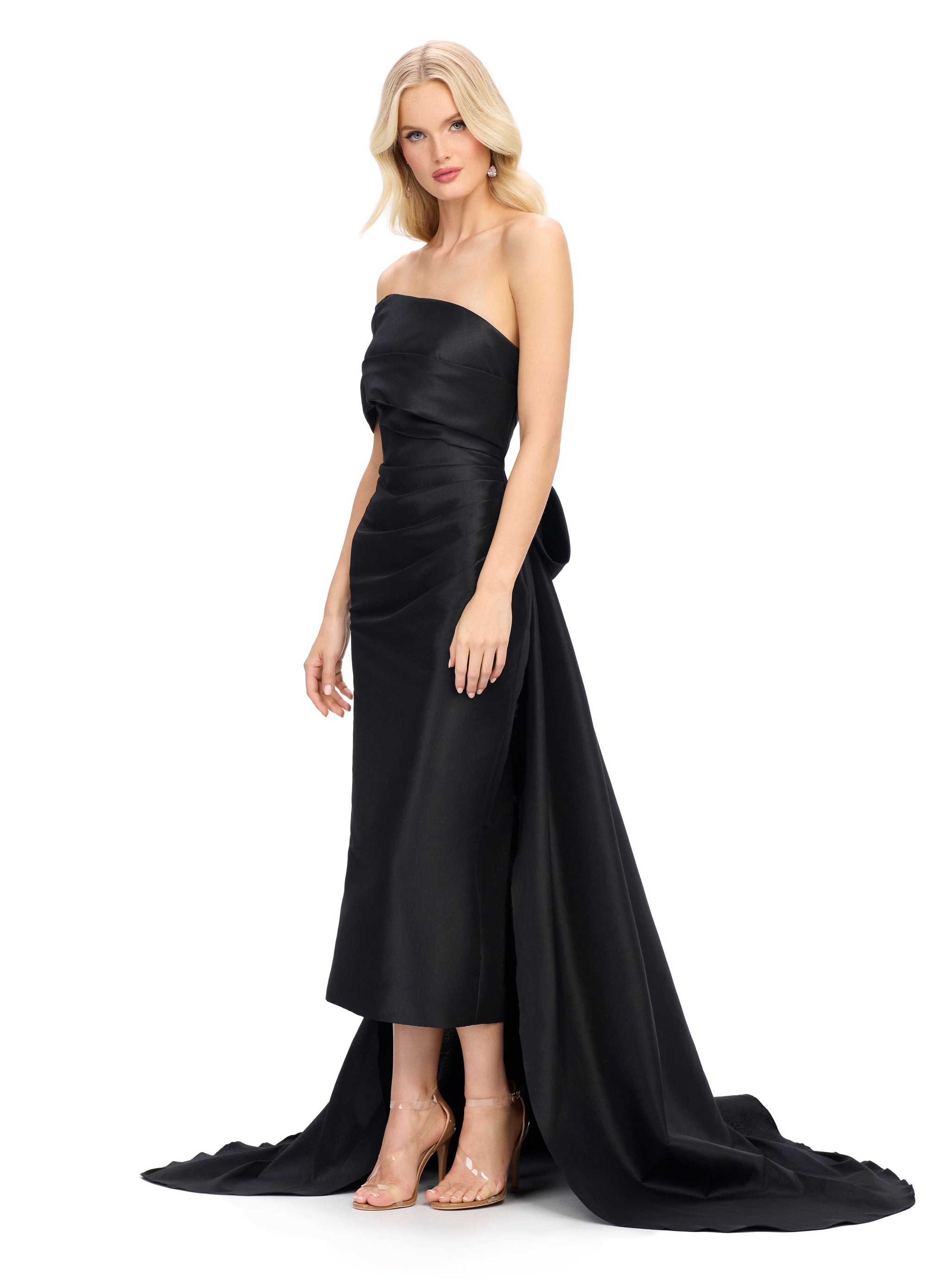 Side view - Off-Shoulder Black Satin High-Low Gown With Ruched Bodice And Draped Train