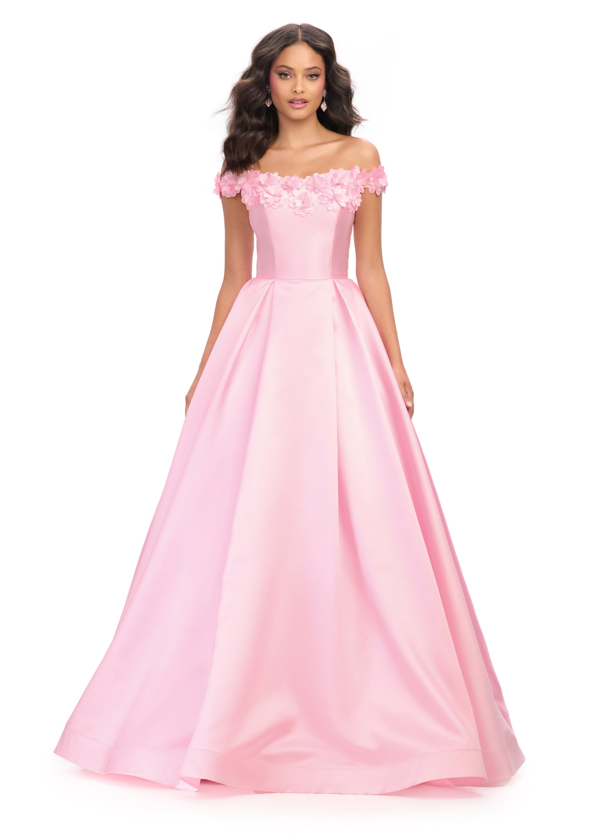 Off-Shoulder Pink Ball Gown with Floral Appliqué Bodice | Elegant Choice for Formal Events