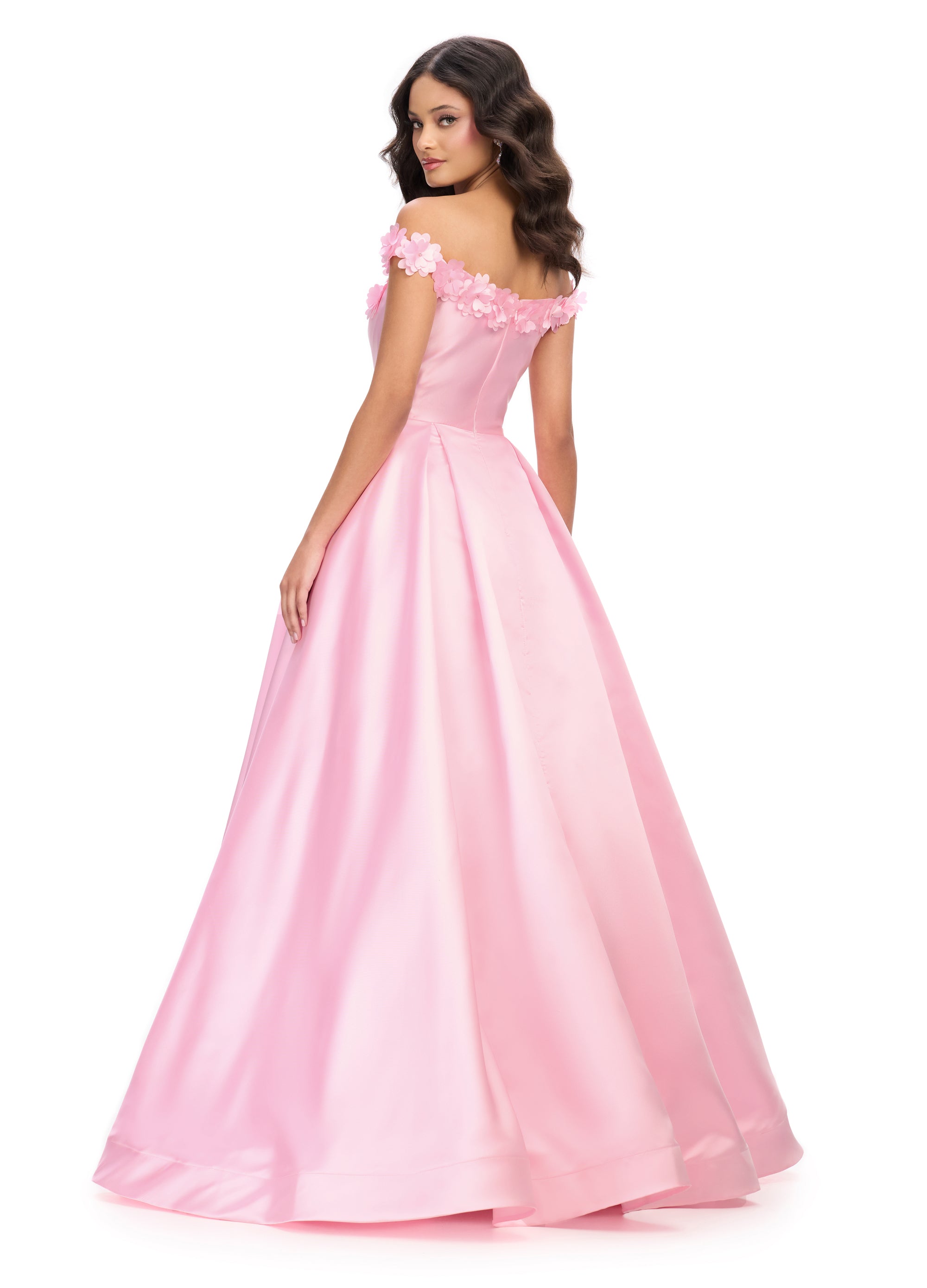 Off-Shoulder Pink Ball Gown with Floral Appliqué Bodice | Elegant Choice for Formal Events | Back view.