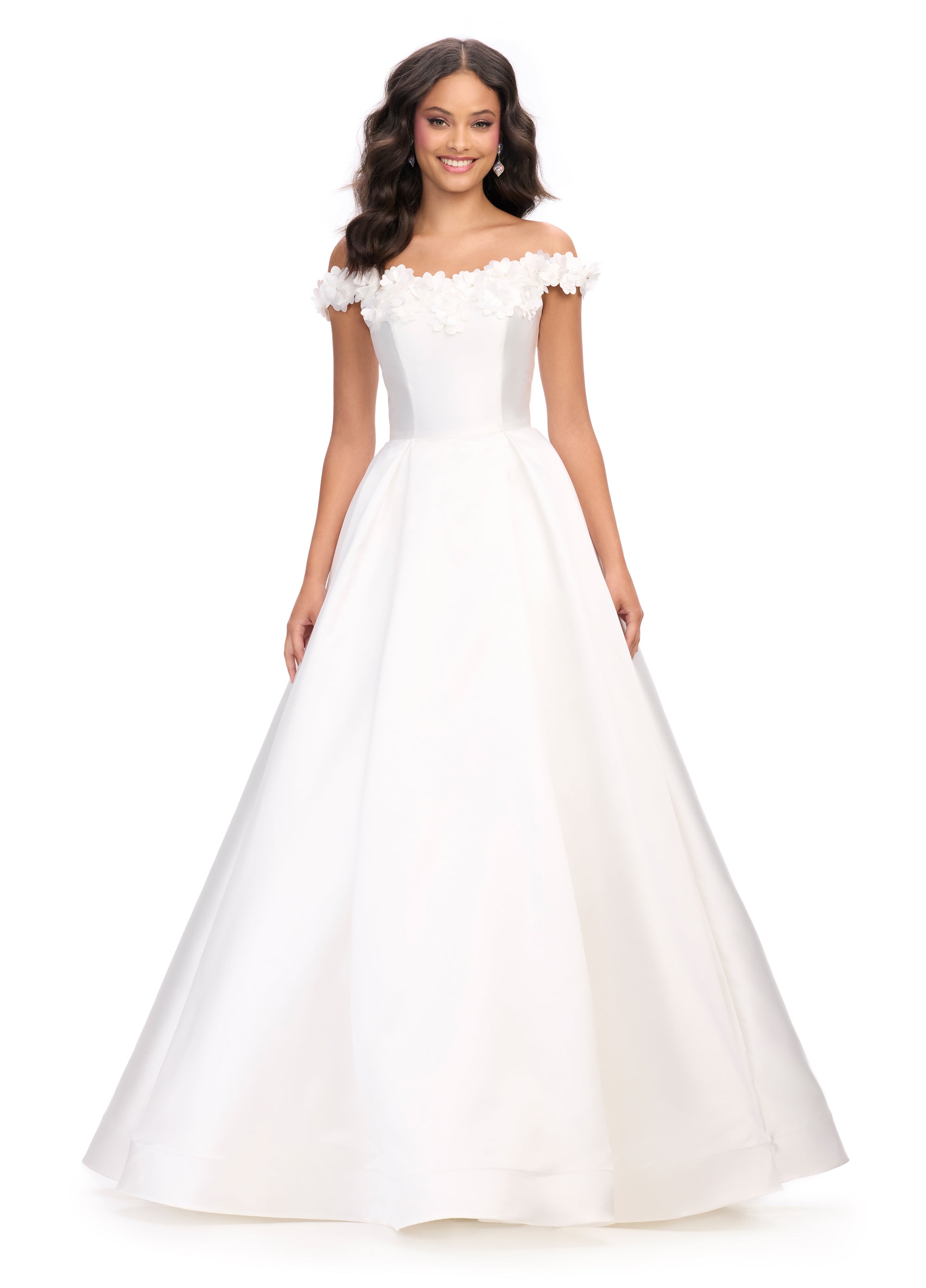 White ball gown featuring an off-the-shoulder neckline adorned with floral appliqués, creating a timeless and elegant bridal look.