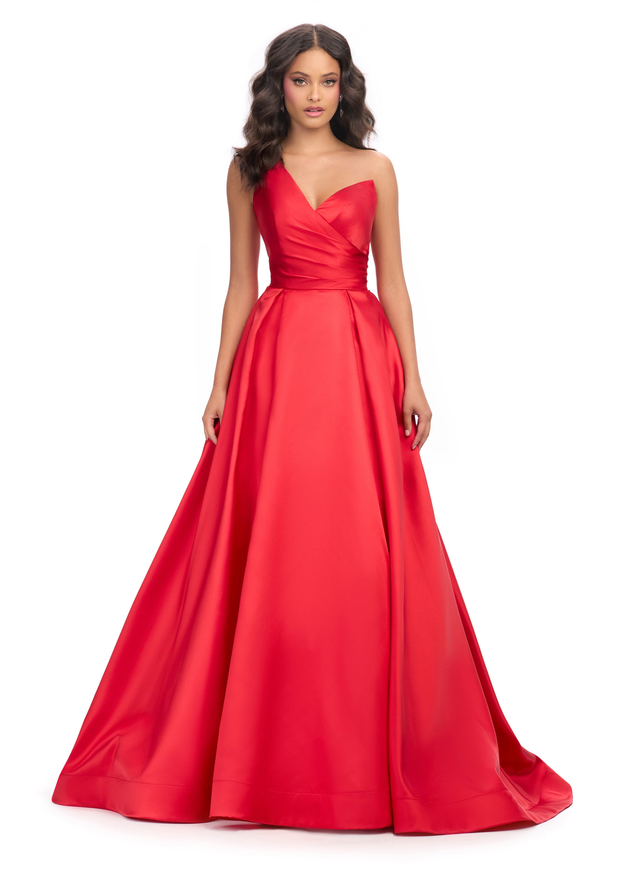 Striking red ball gown with a plunging neckline, wrap-style bodice, and a dramatic full skirt, perfect for an unforgettable evening look.