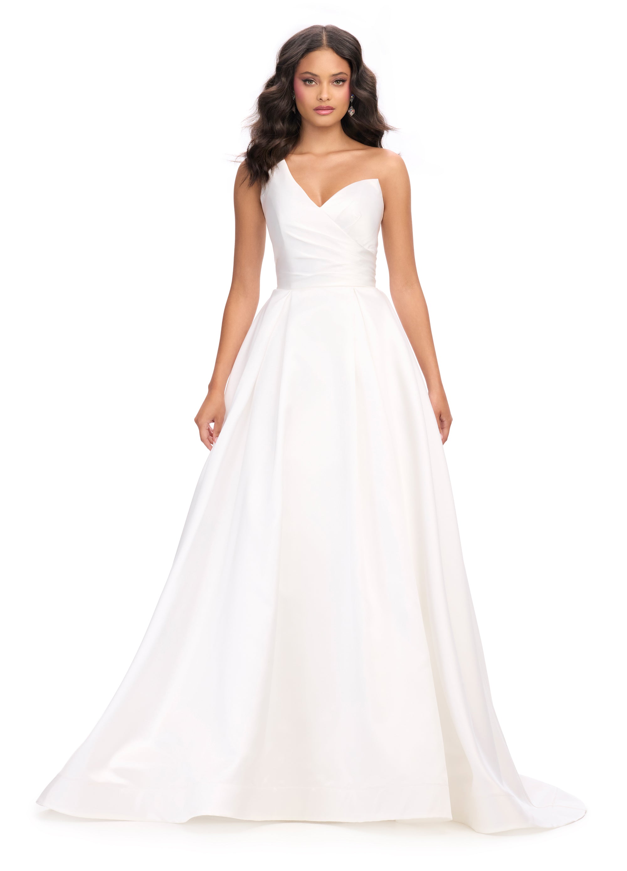 Stunning white ball gown with a plunging neckline, wrap-style bodice, and a dramatic full skirt, perfect for an unforgettable evening look.