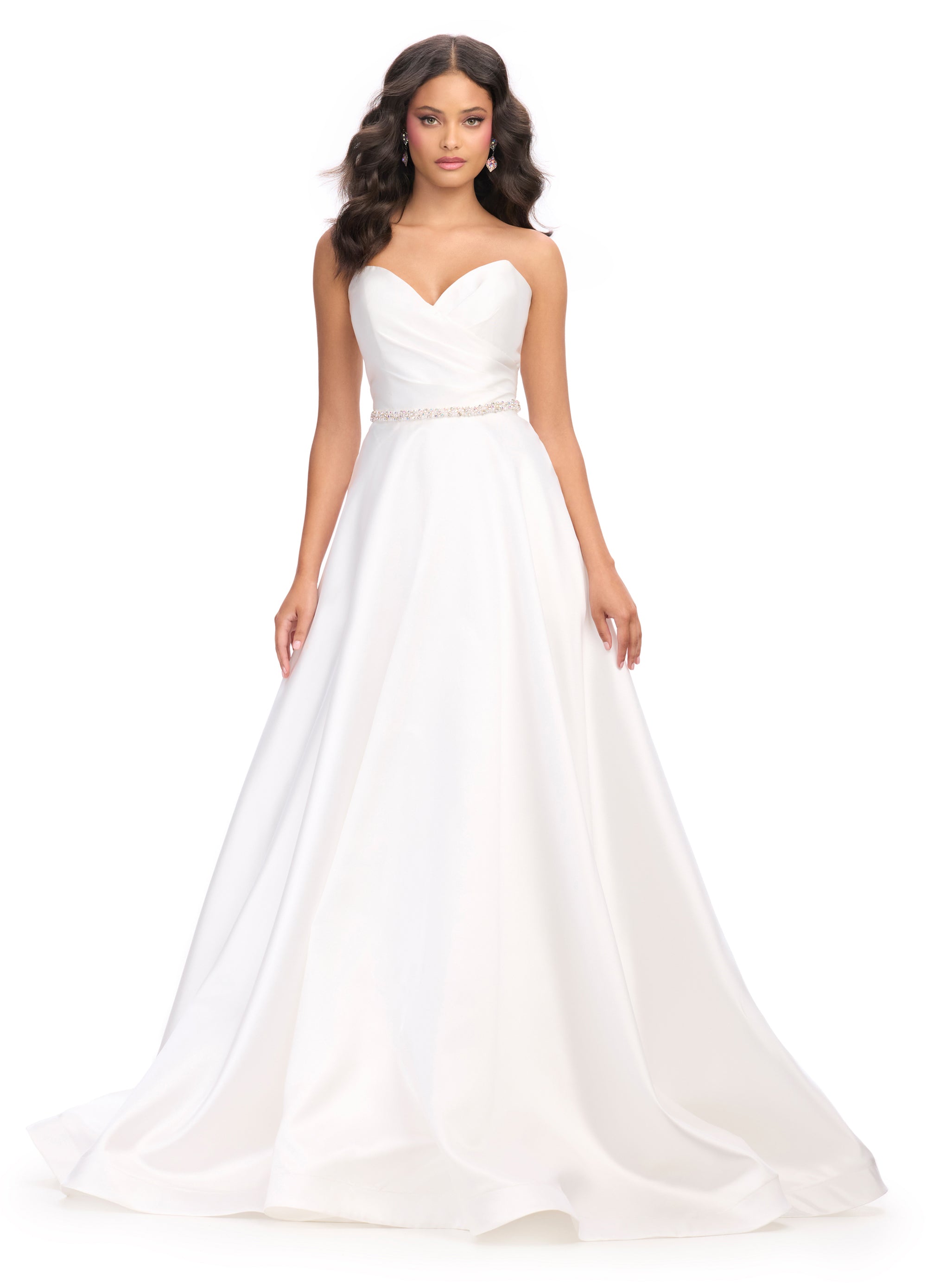 Elegant white ball gown featuring a sweetheart neckline, delicate ruching, and a sparkling embellished waistband, perfect for creating a timeless bridal or formal look.