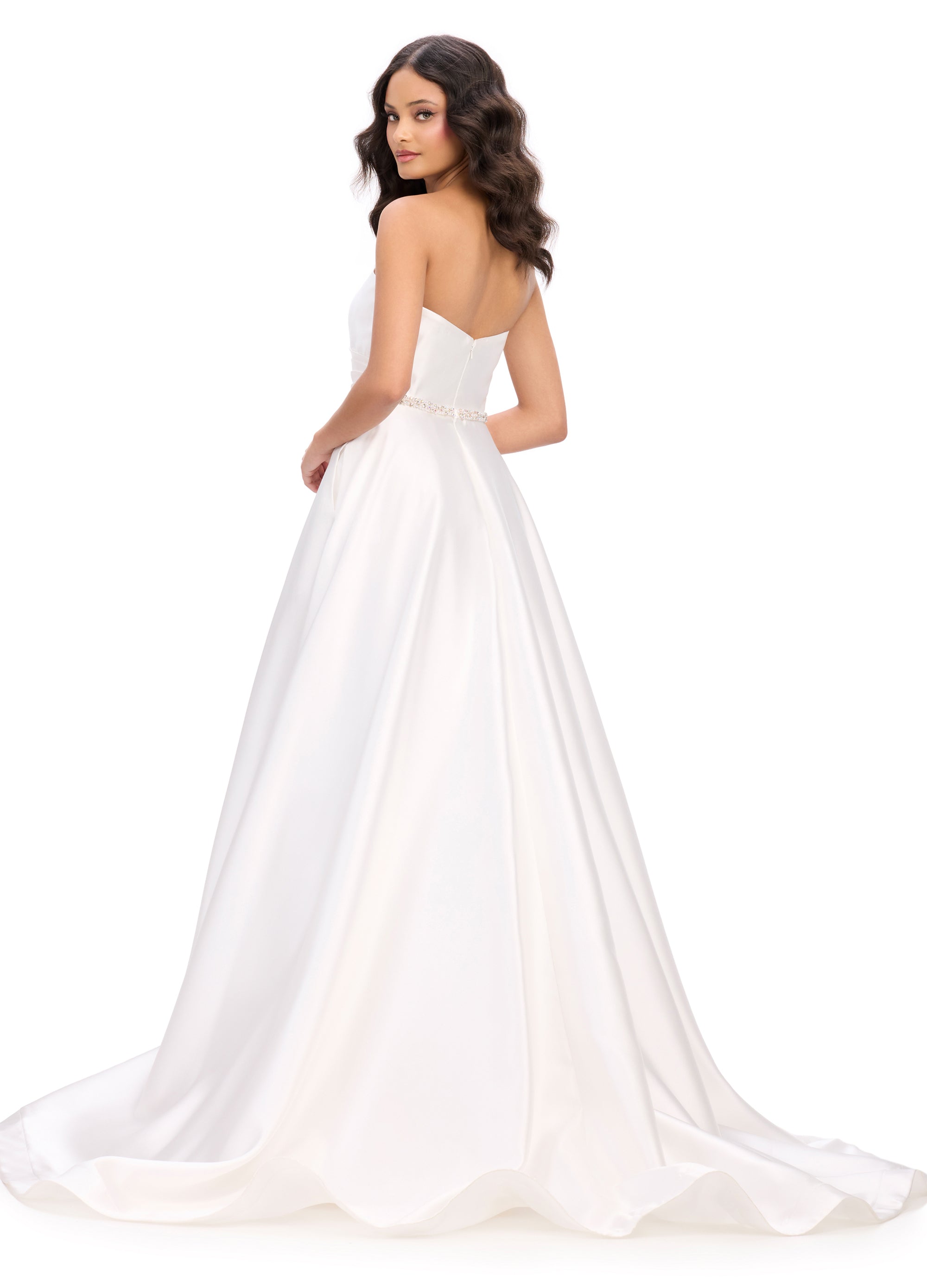 Back view of an elegant white ball gown featuring a sweetheart neckline, delicate ruching, and a sparkling embellished waistband, perfect for creating a timeless bridal or formal look.