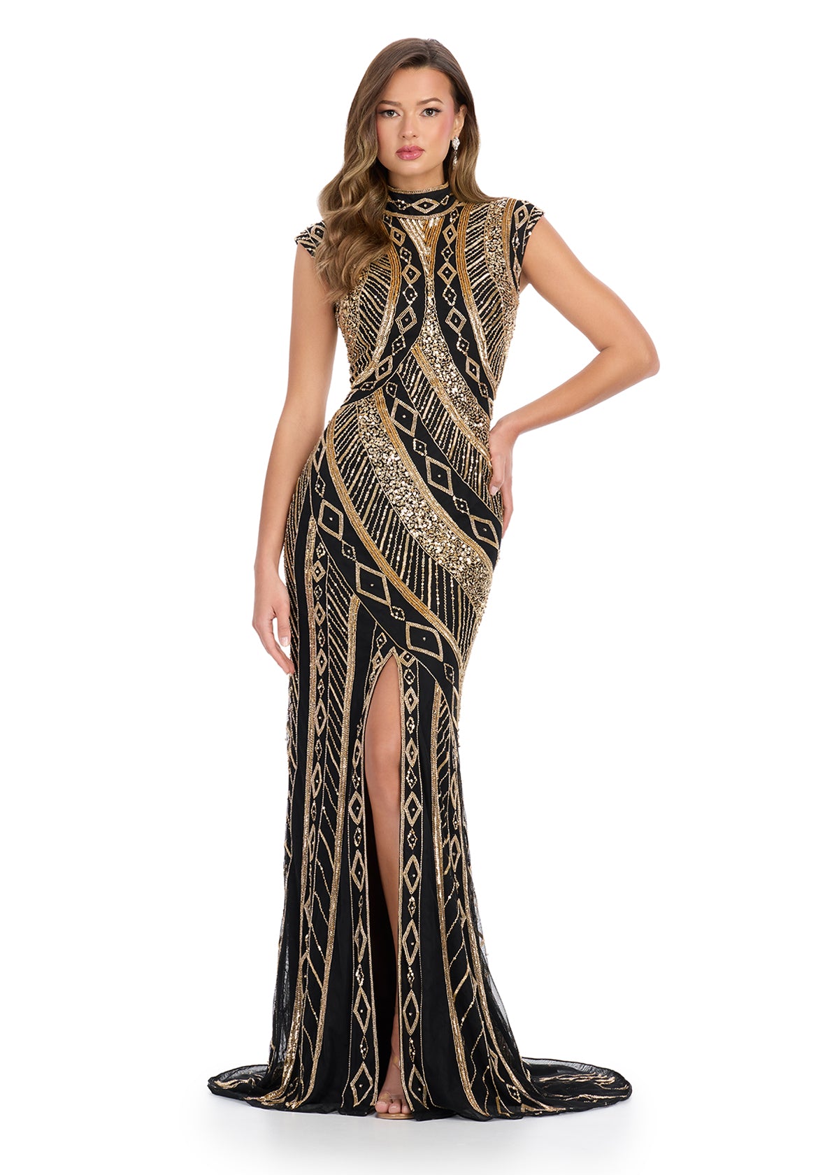 Elegant floor-length gown with cap sleeves, high neckline, intricate gold geometric beadwork, and a front slit for added sophistication.