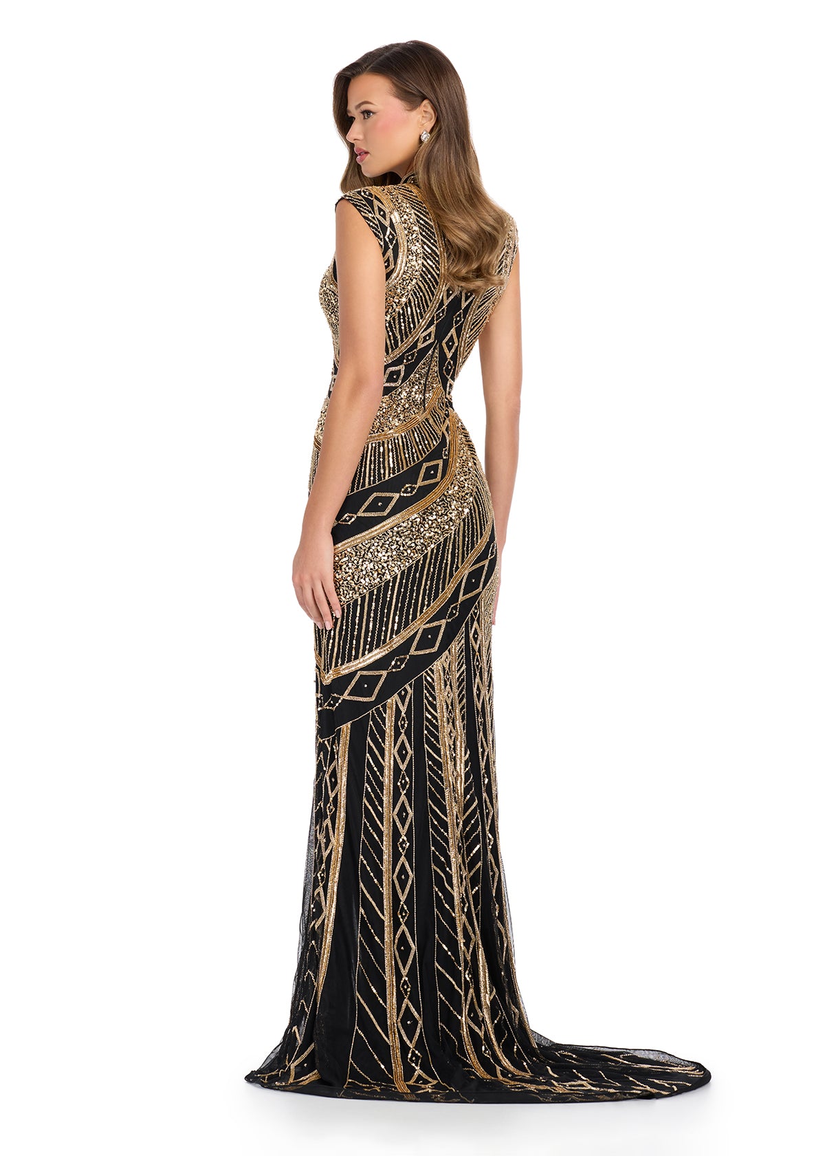 Back view - Elegant floor-length gown with cap sleeves, high neckline, intricate gold geometric beadwork, and a front slit for added sophistication.