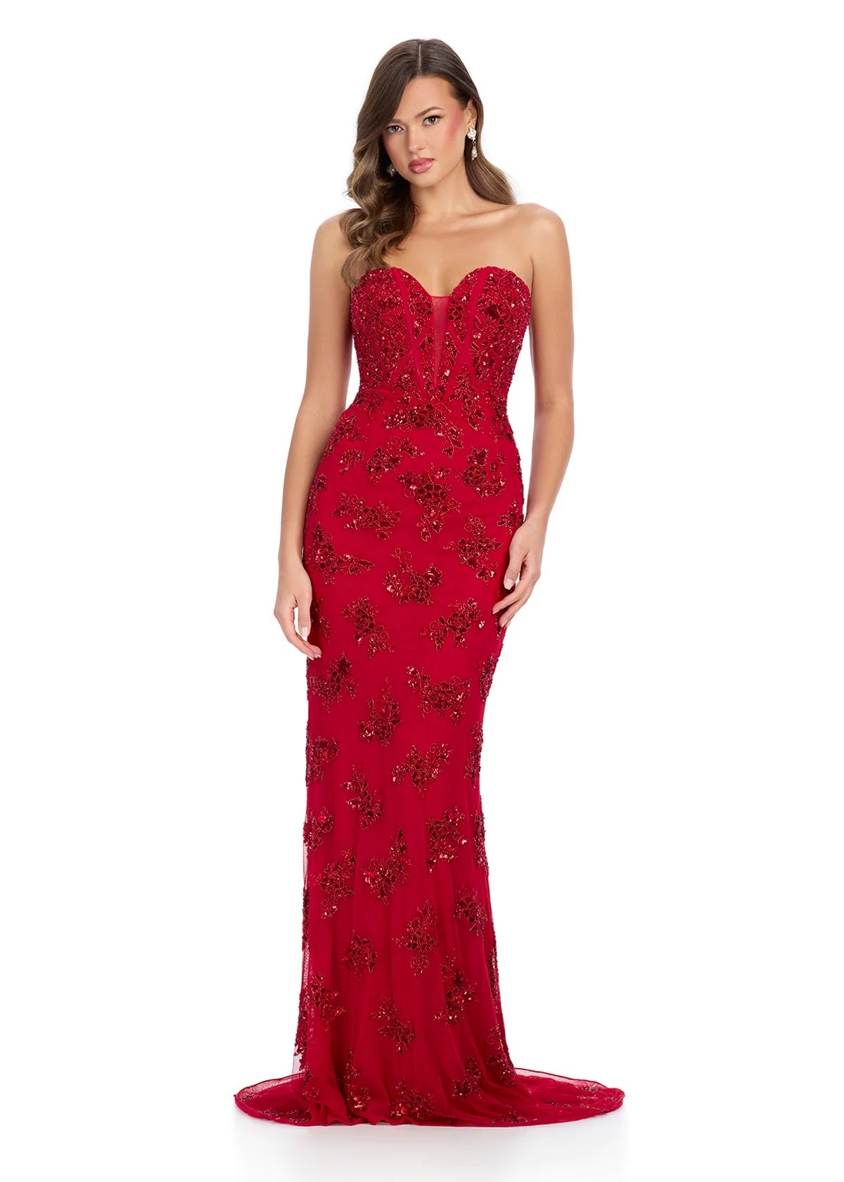 Strapless red evening gown adorned with intricate floral beadwork and a figure-hugging silhouette, perfect for a timelessly elegant look.